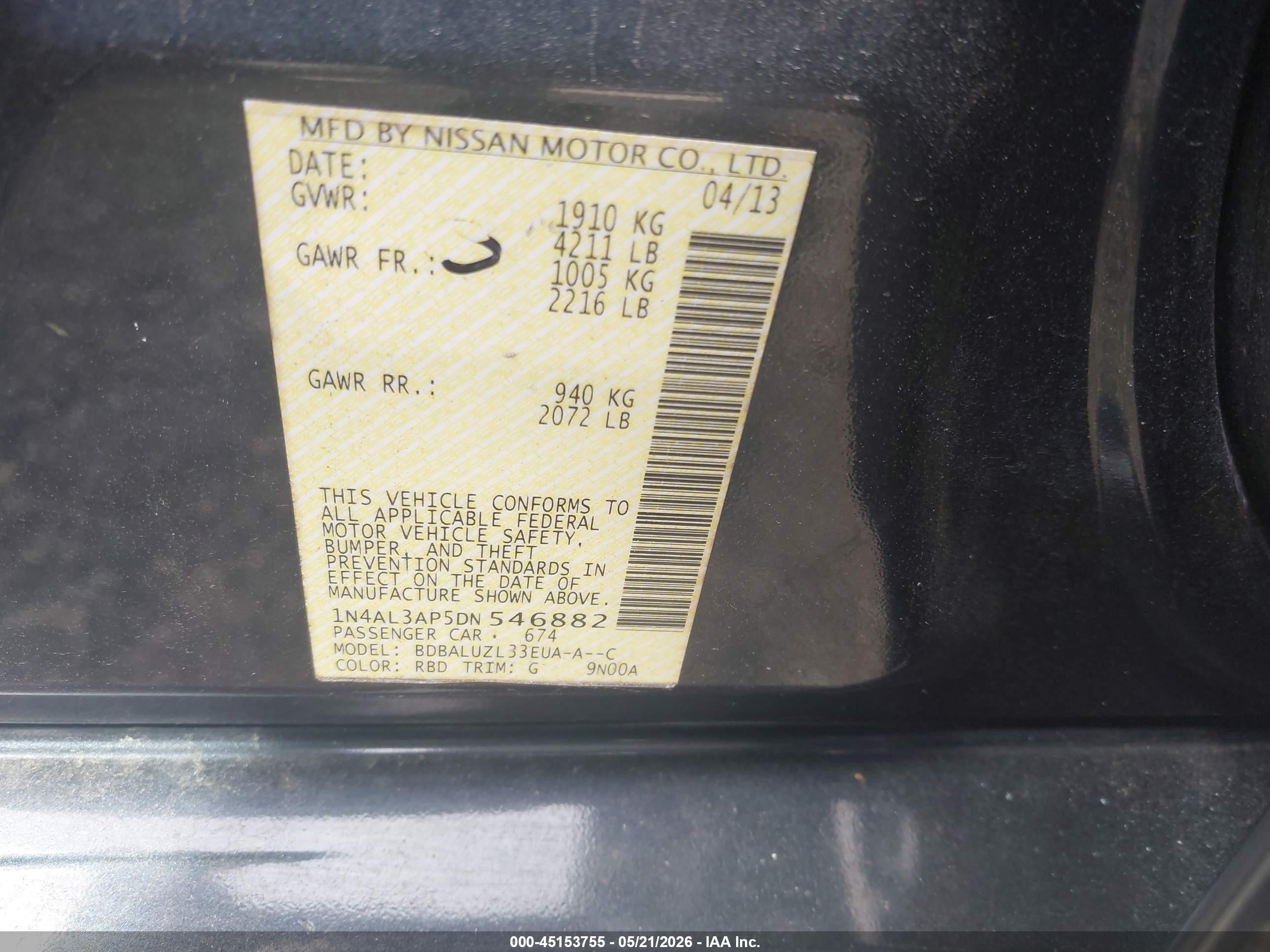 2013 Nissan Altima 2.5 Sv Black vin: 1N4AL3AP5DN546882