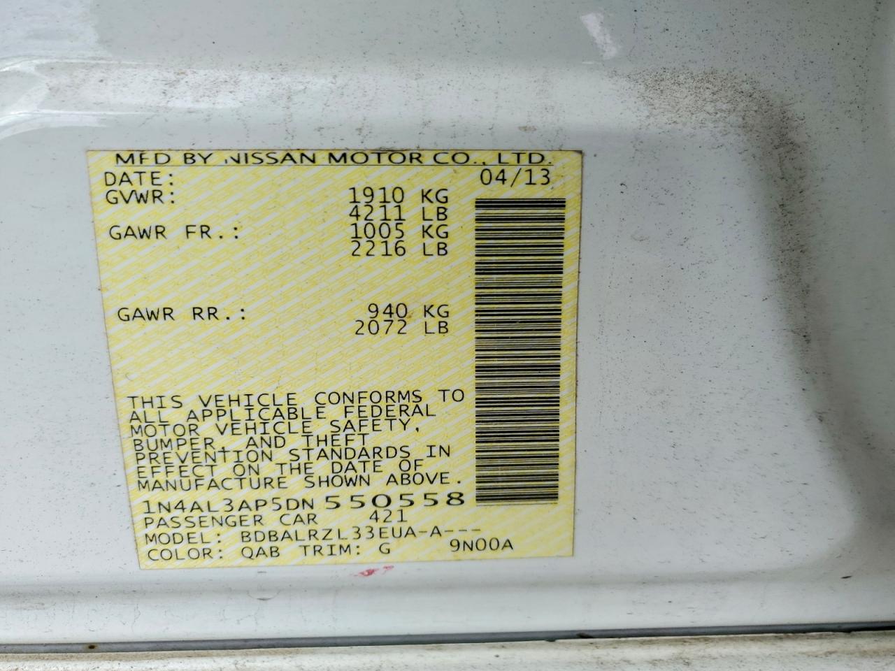2013 Nissan Altima 2.5 White vin: 1N4AL3AP5DN550558