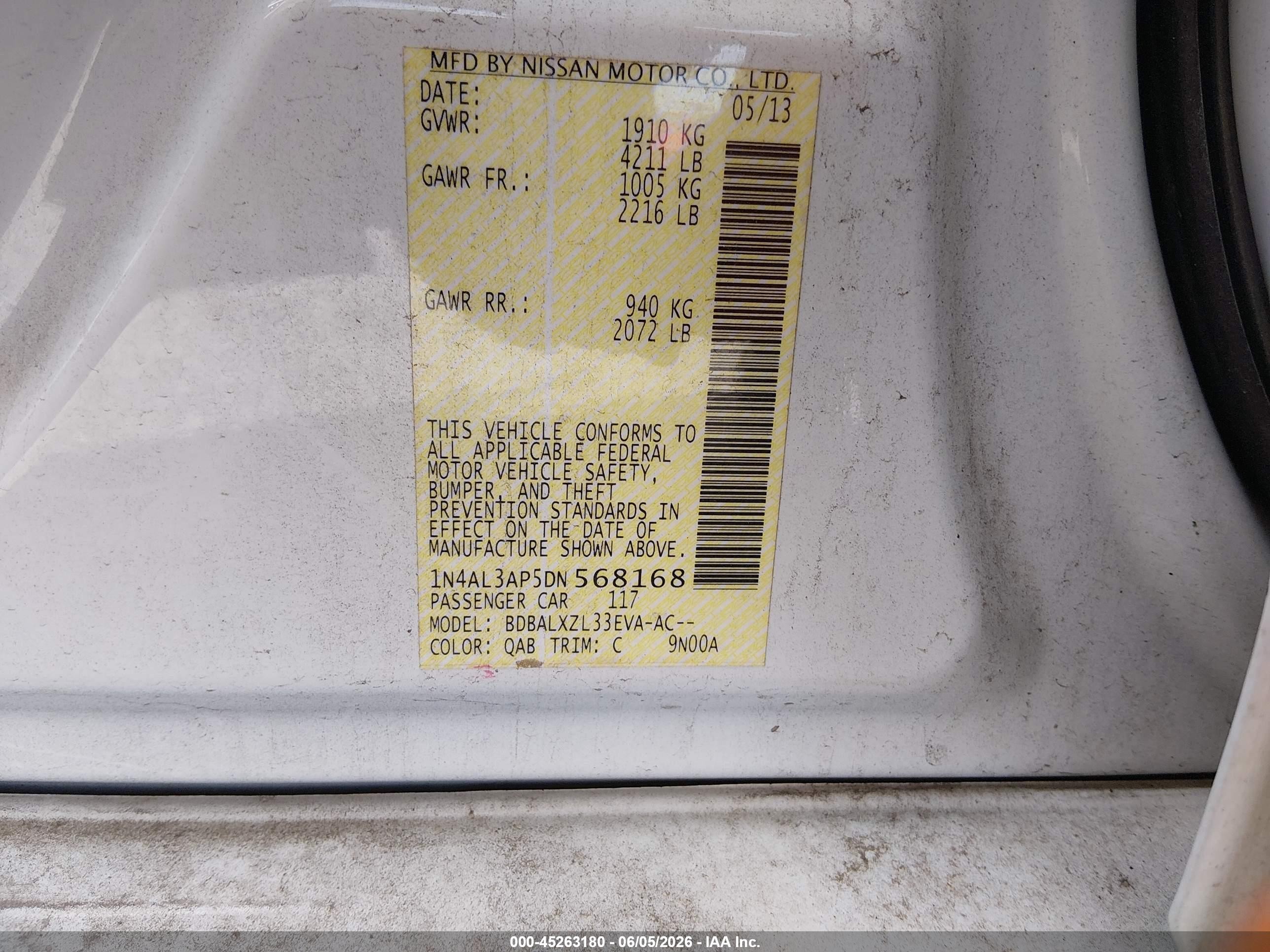 2013 Nissan Altima 2.5 Sl Белый vin: 1N4AL3AP5DN568168
