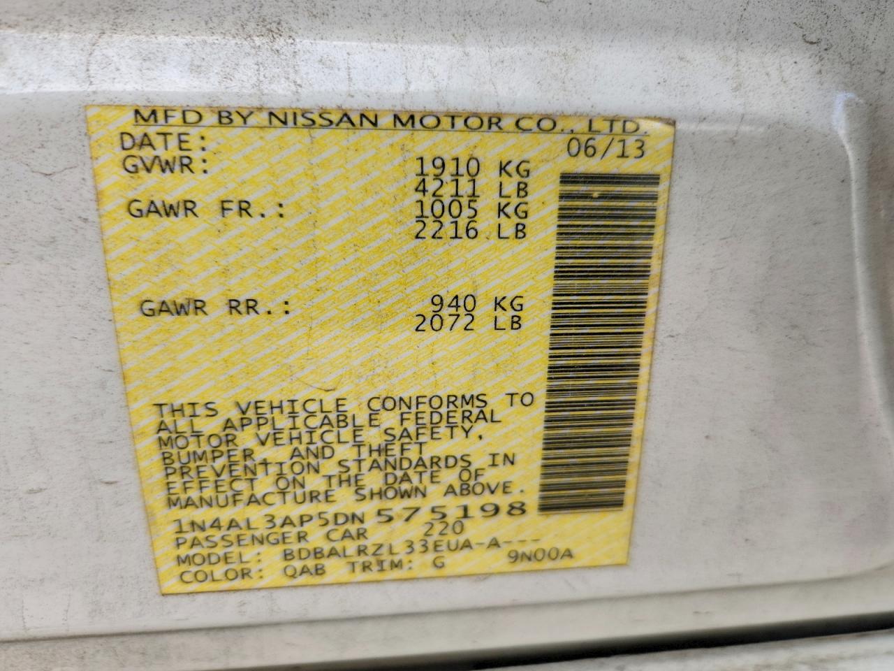 2013 Nissan Altima 2.5 White vin: 1N4AL3AP5DN575198