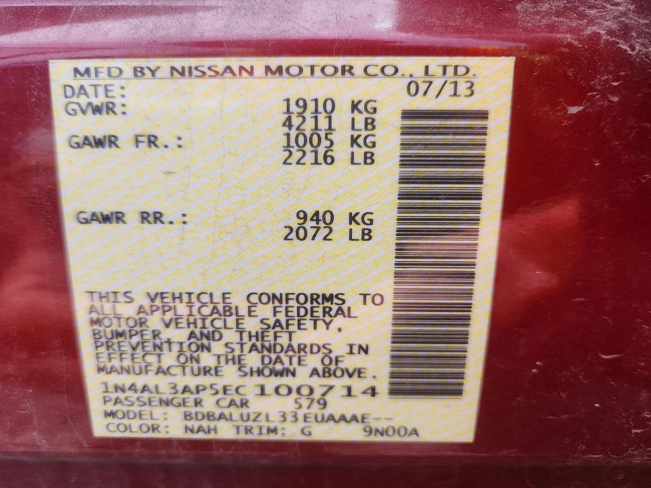 2014 Nissan Altima 2.5/s/sv/sl Red vin: 1N4AL3AP5EC100714