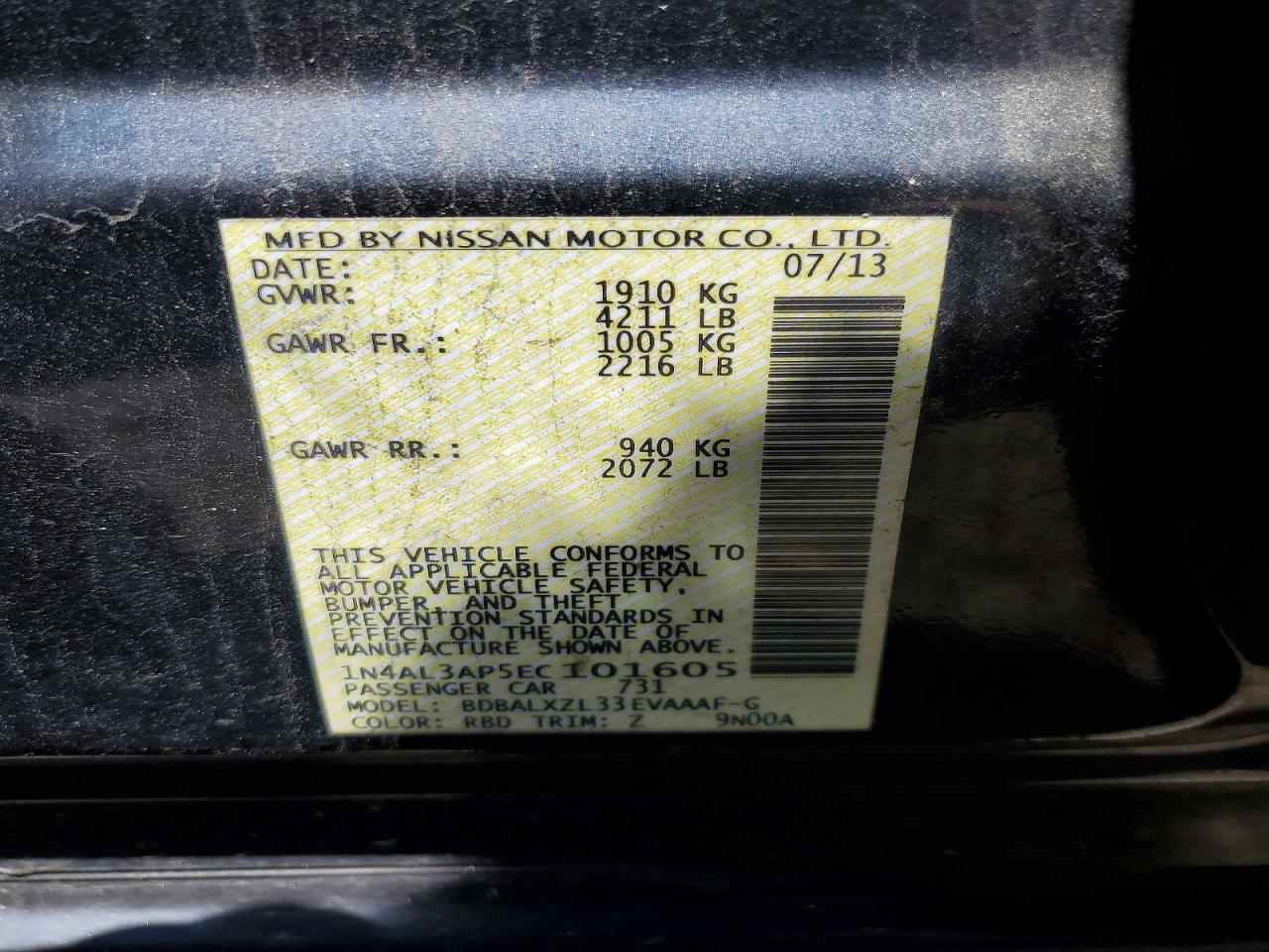 2014 Nissan Altima 2.5 Sl Charcoal vin: 1N4AL3AP5EC101605