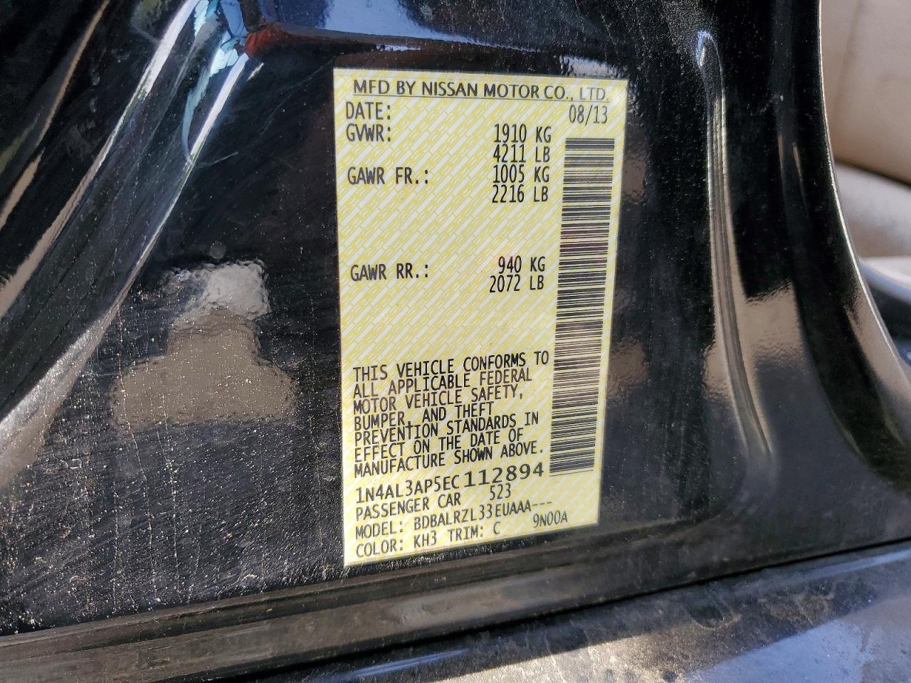 2014 Nissan Altima 2.5 Black vin: 1N4AL3AP5EC112894