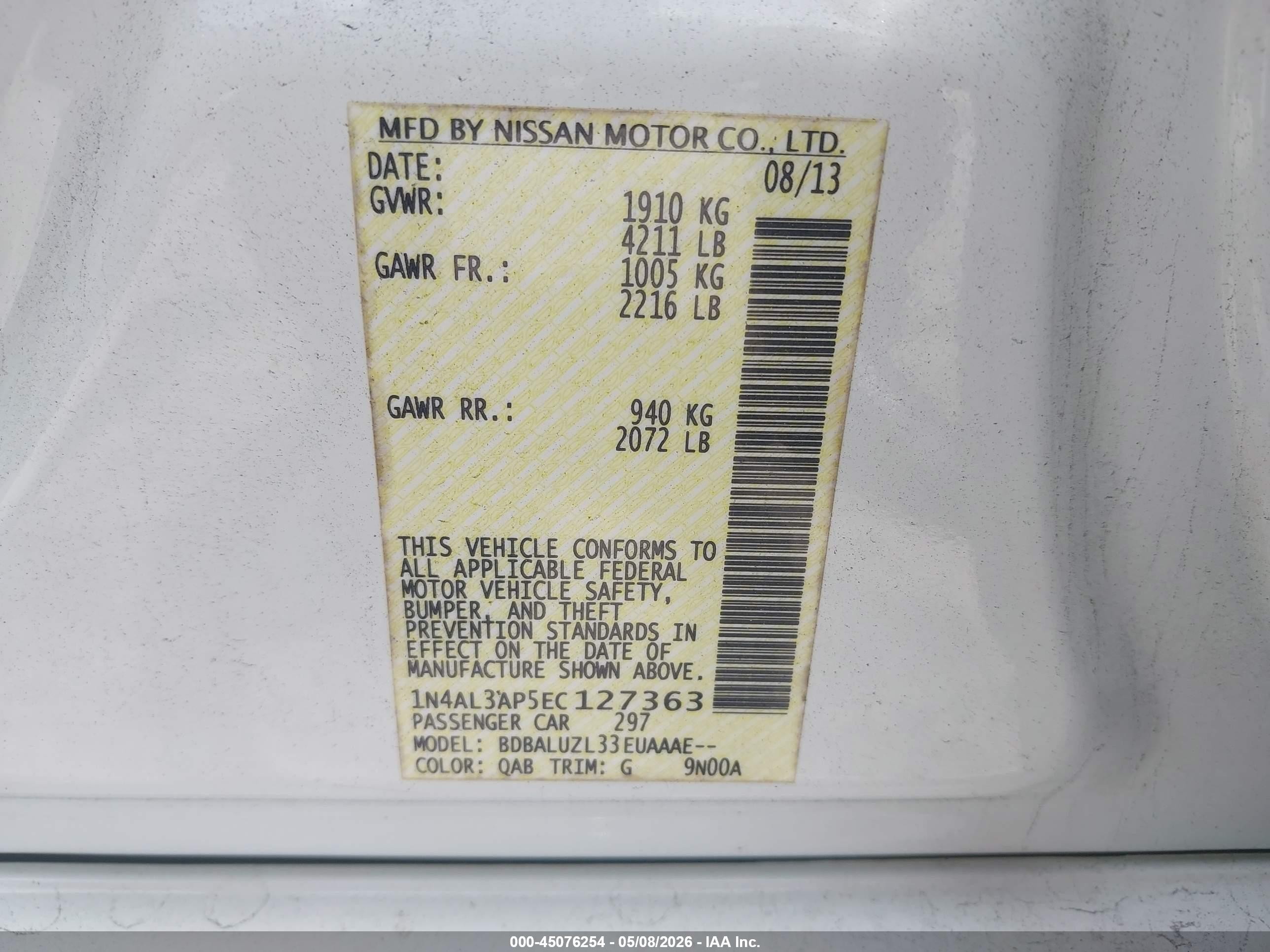2014 Nissan Altima 2.5 Sv White vin: 1N4AL3AP5EC127363