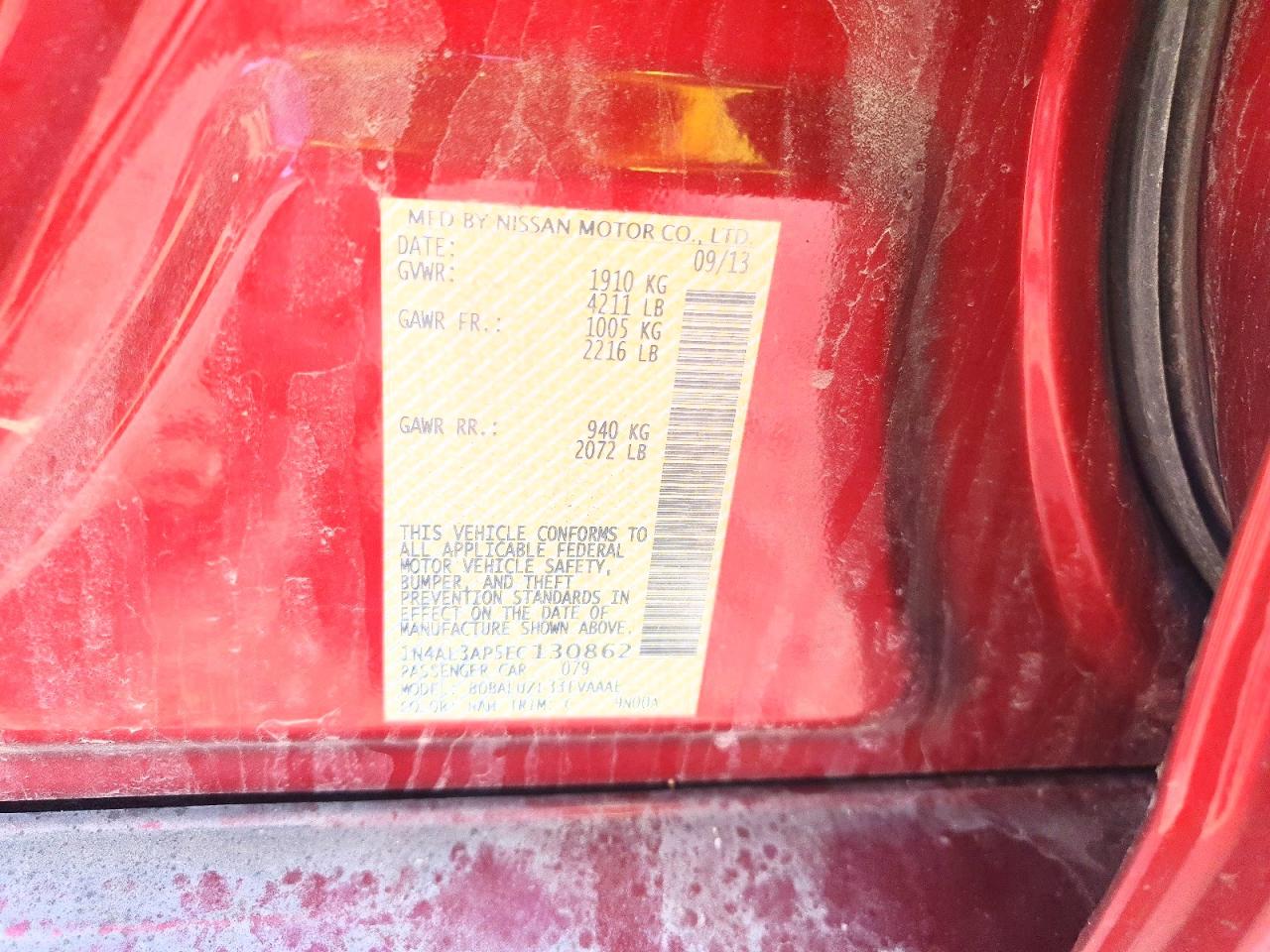 2014 Nissan Altima Sv 4d Sedan 2 Maroon vin: 1N4AL3AP5EC130862