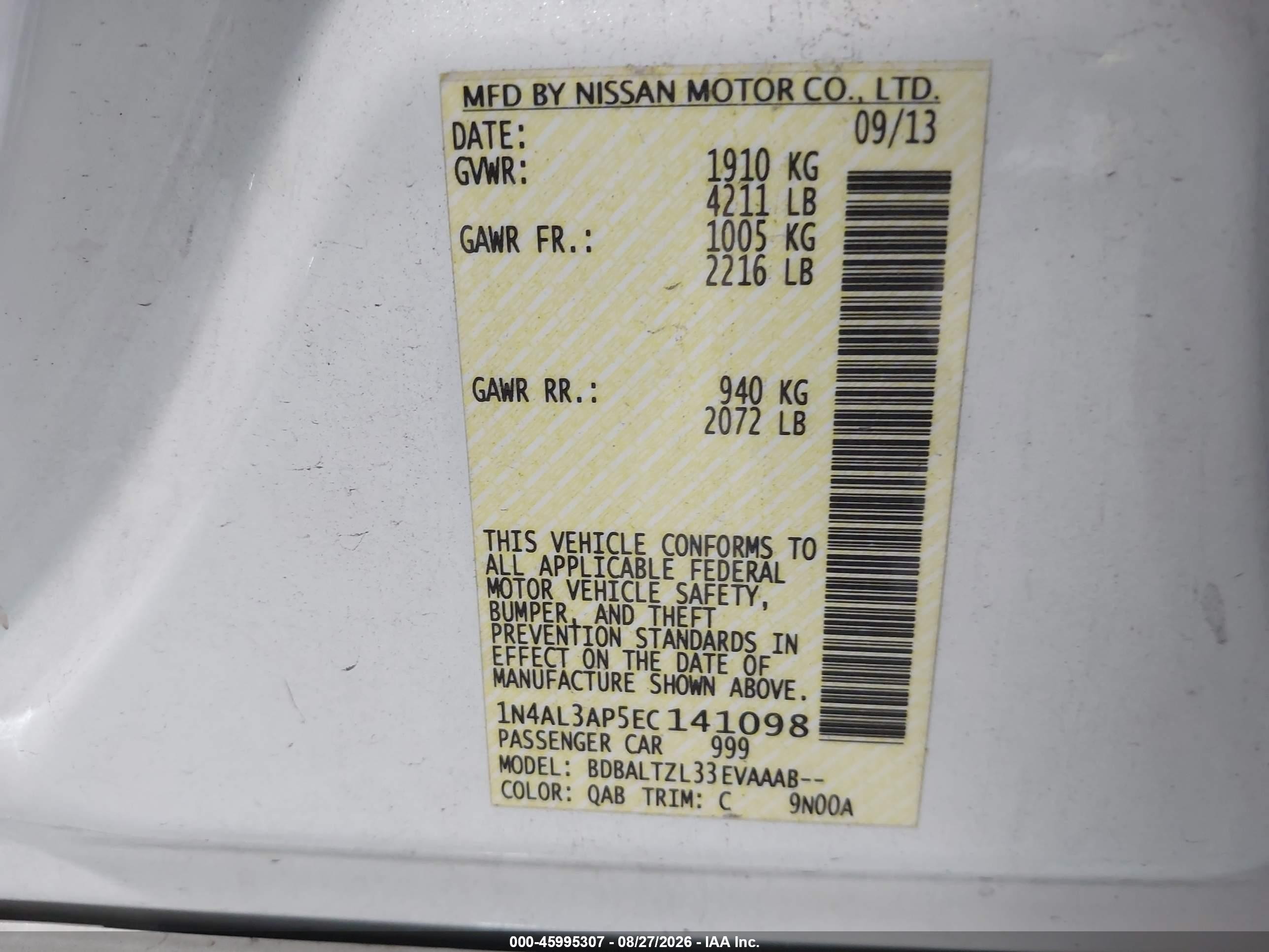 2014 Nissan Altima 2.5 Sv White vin: 1N4AL3AP5EC141098
