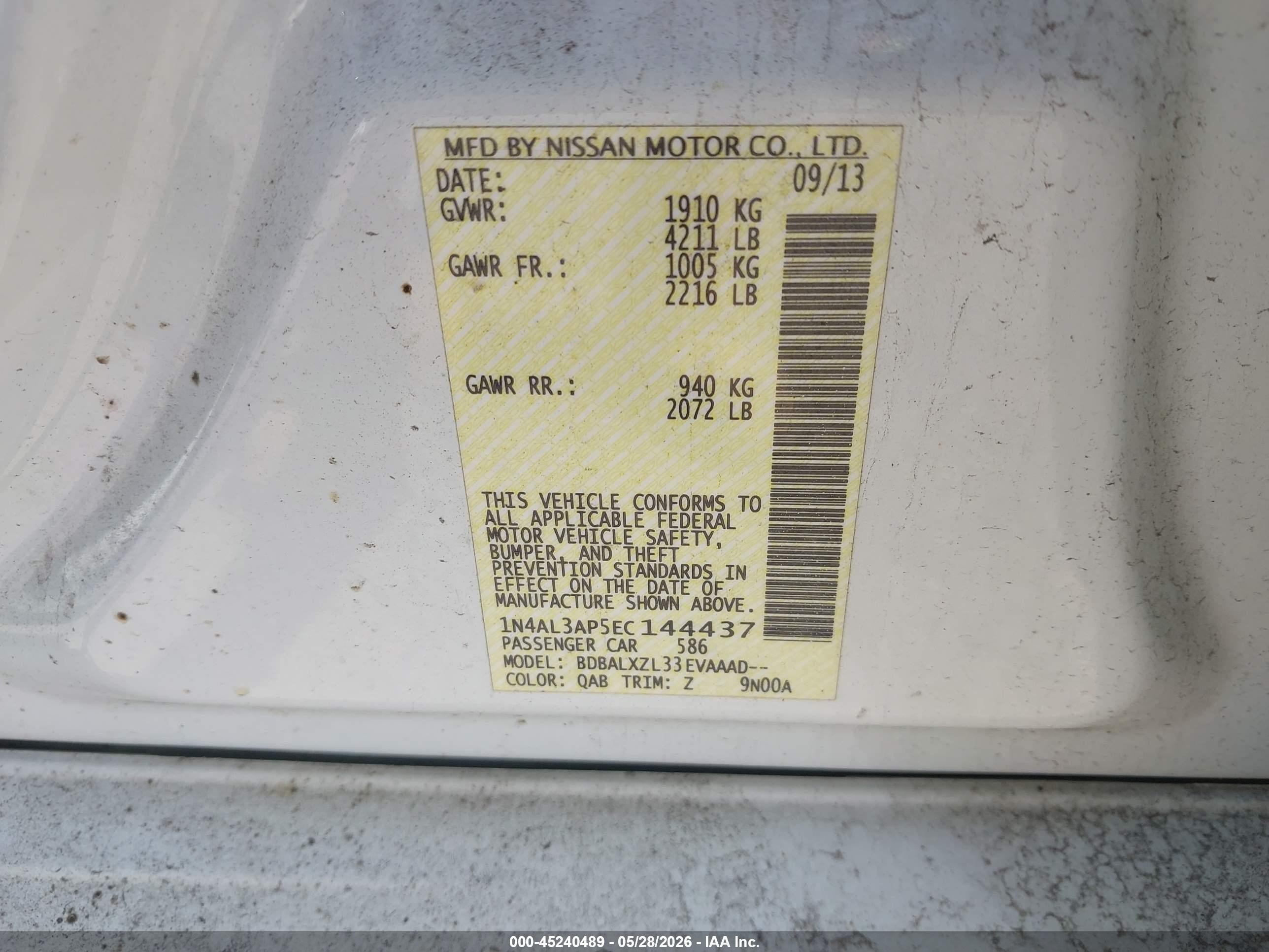 2014 Nissan Altima 2.5 Sl White vin: 1N4AL3AP5EC144437