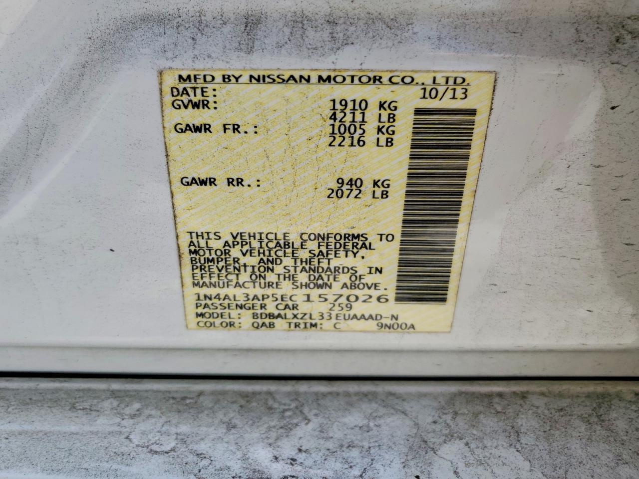 2014 Nissan Altima 2.5 Sl White vin: 1N4AL3AP5EC157026