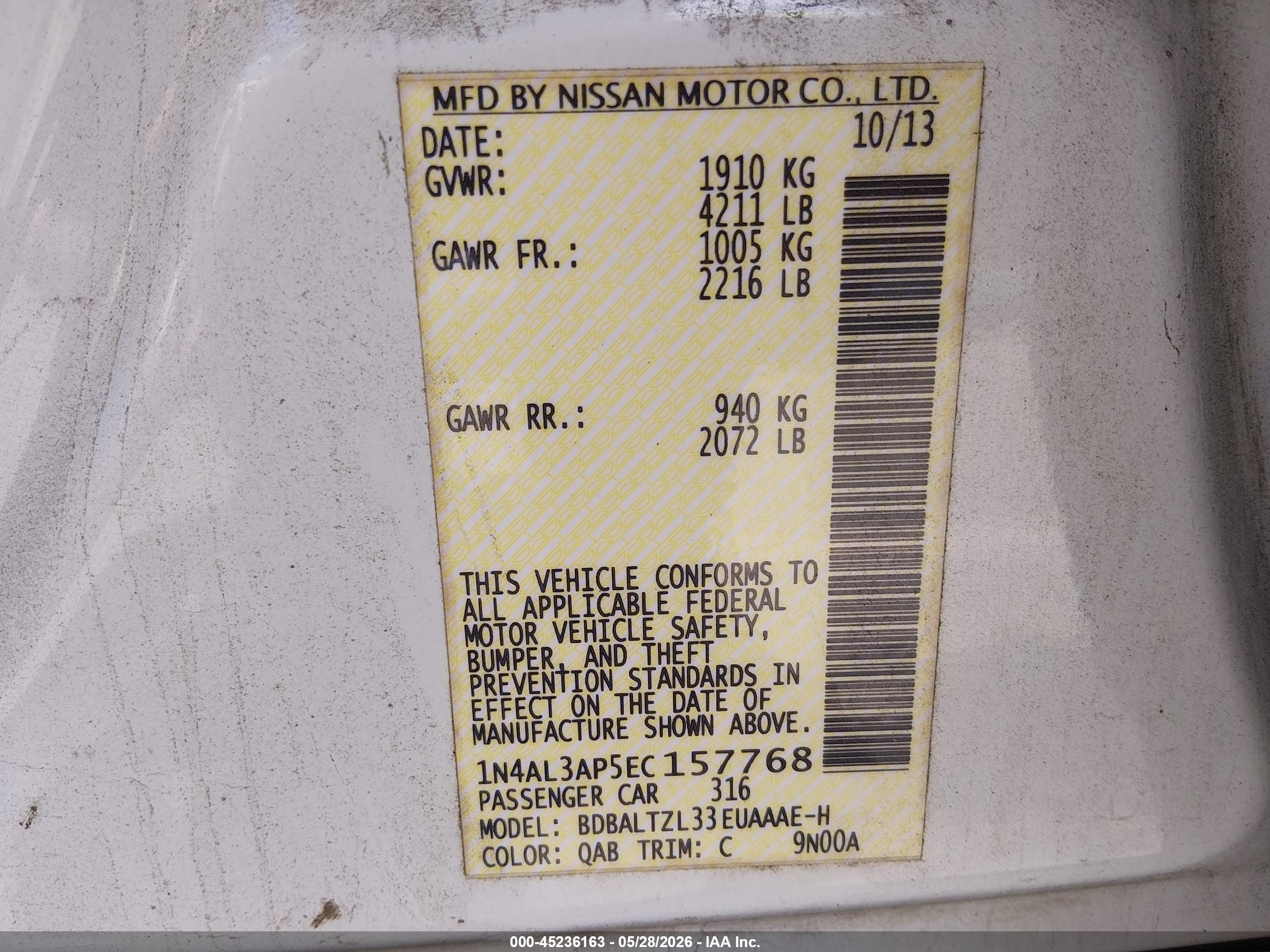 2014 Nissan Altima 2.5 Sv White vin: 1N4AL3AP5EC157768