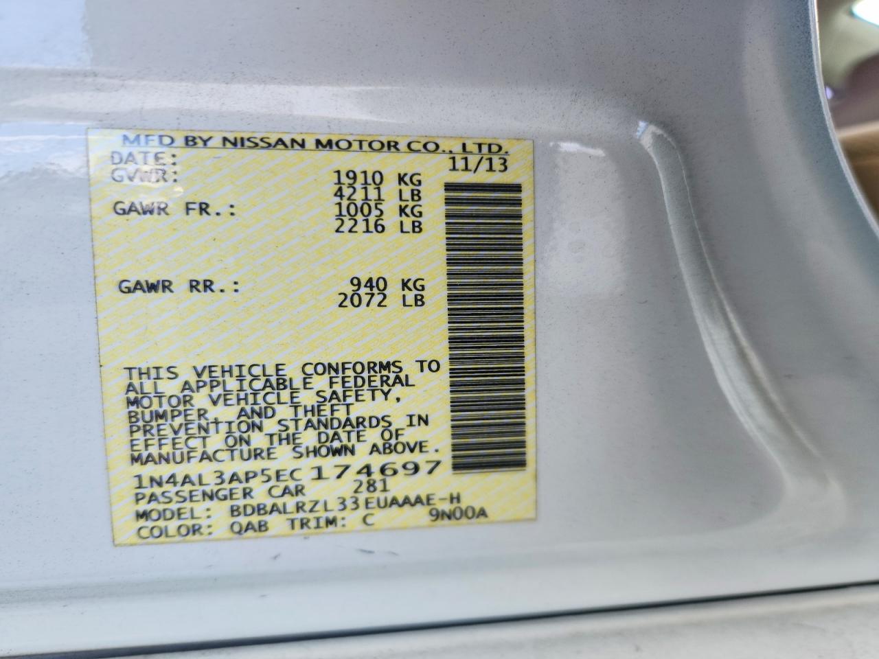 2014 Nissan Altima 2.5 S White vin: 1N4AL3AP5EC174697