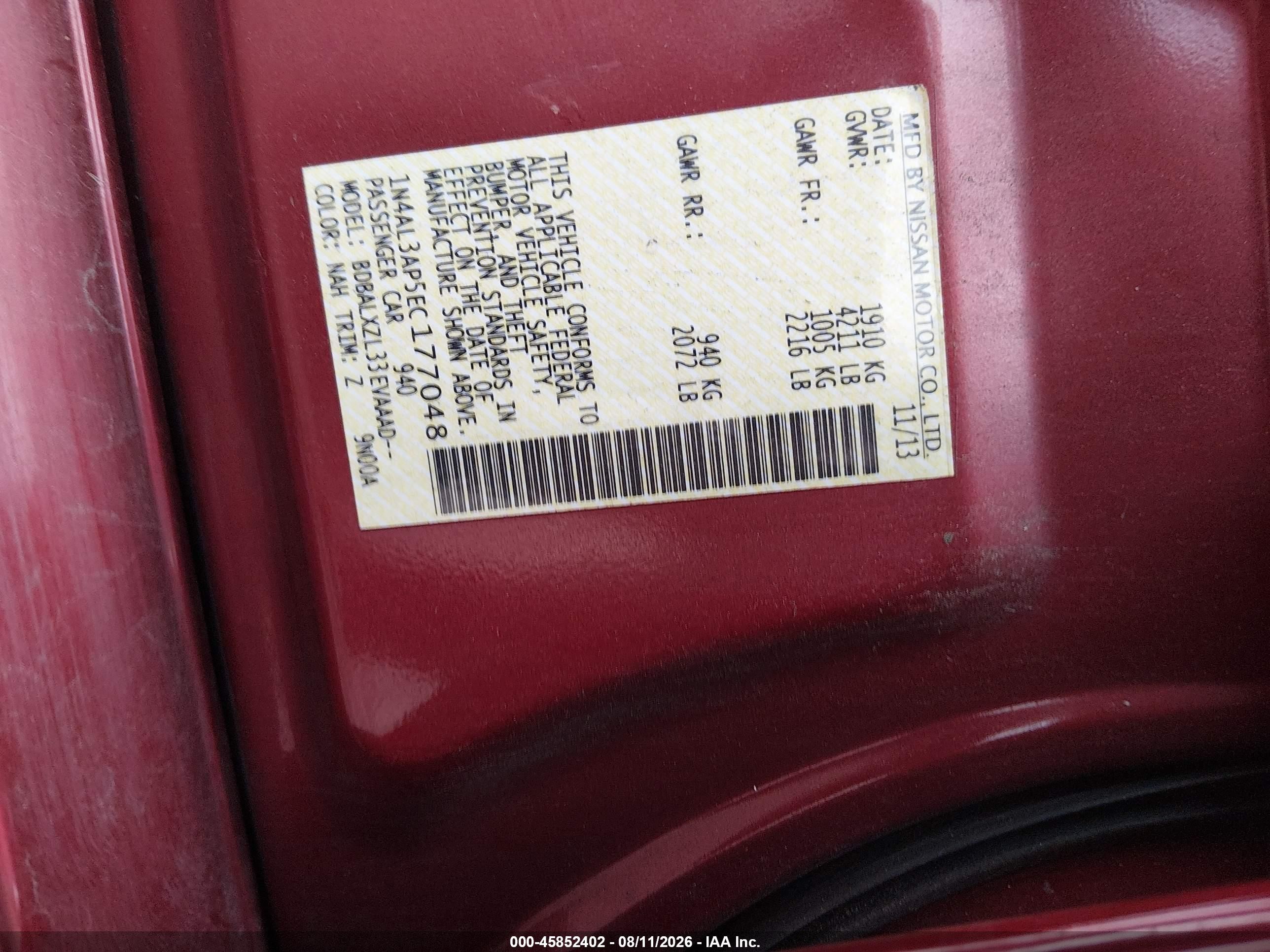 2014 Nissan Altima 2.5 Sl Red vin: 1N4AL3AP5EC177048