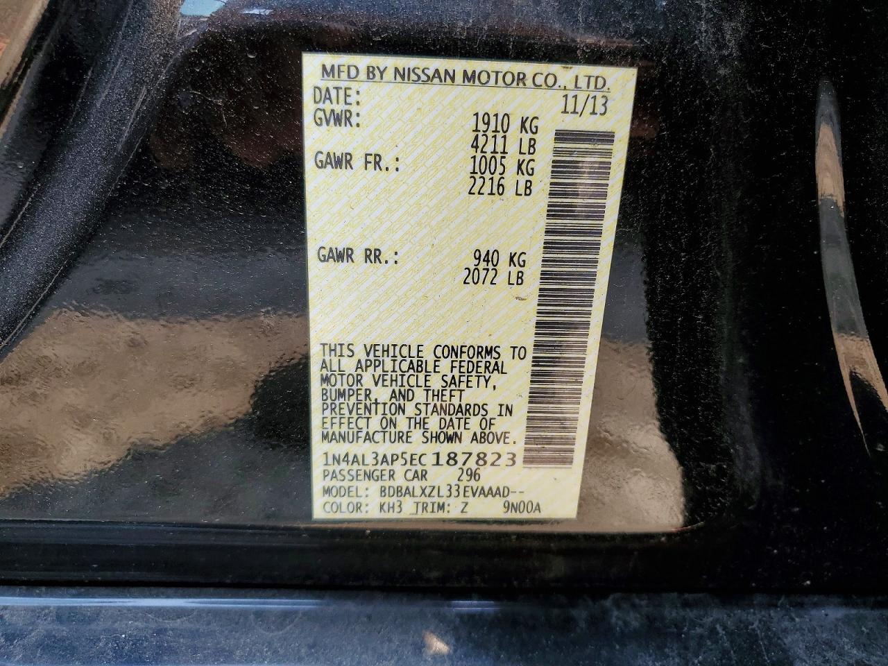 2014 Nissan Altima 2.5 Sl Black vin: 1N4AL3AP5EC187823