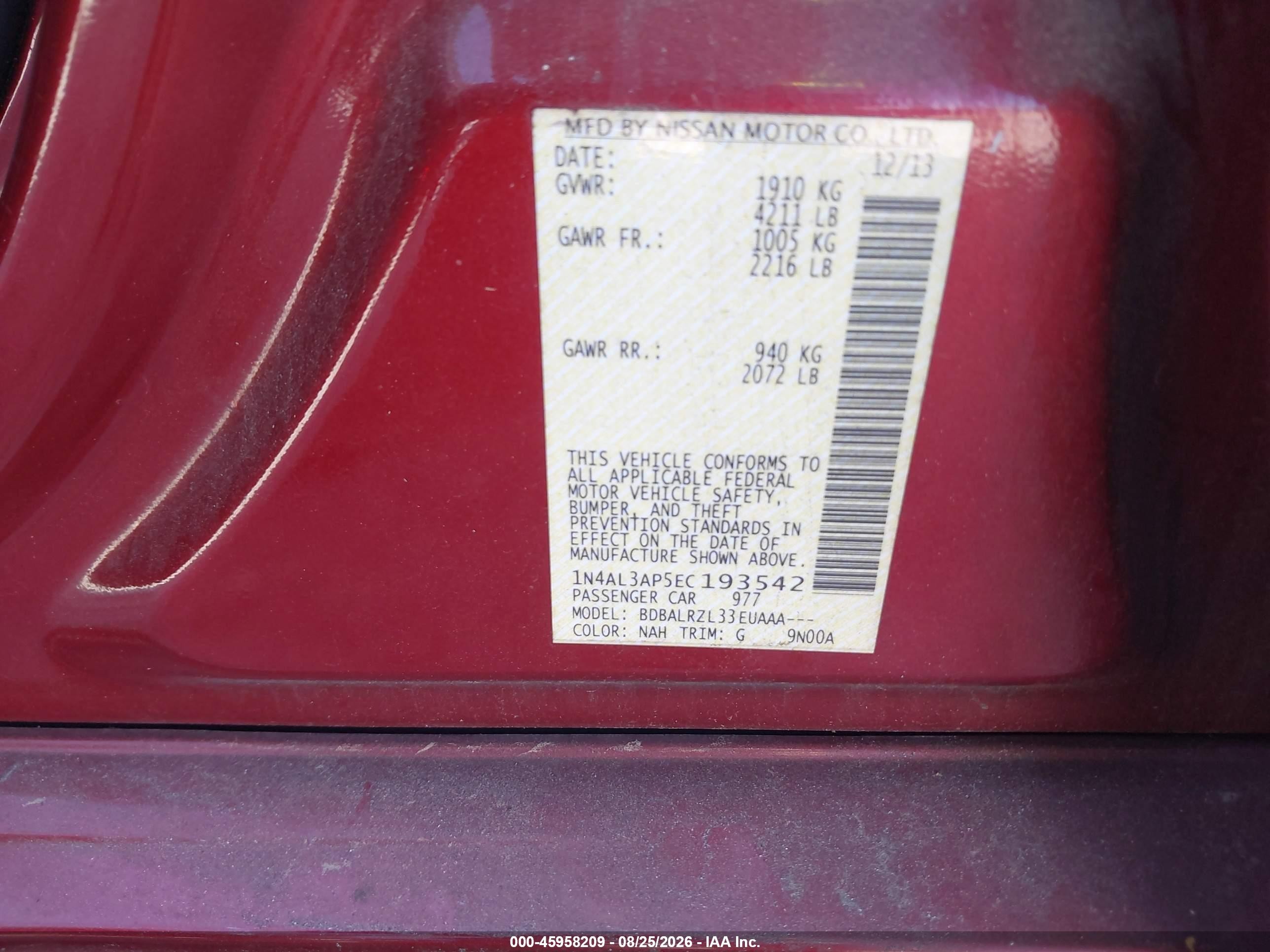 2014 Nissan Altima 2.5 S Red vin: 1N4AL3AP5EC193542