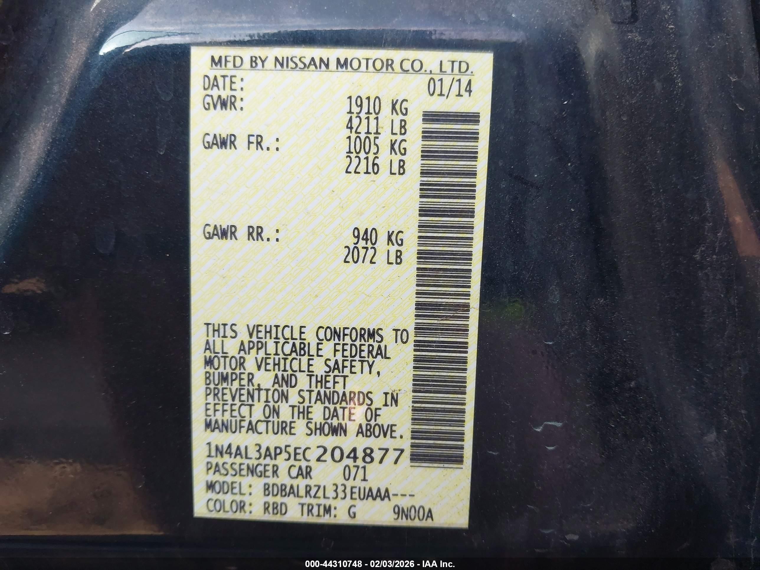 2014 Nissan Altima 2.5/2.5 S/2.5 Sl/2.5 Sv Черный vin: 1N4AL3AP5EC204877