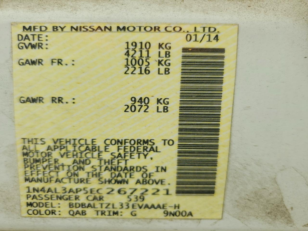 2014 Nissan Altima 2.5 Sv White vin: 1N4AL3AP5EC267221