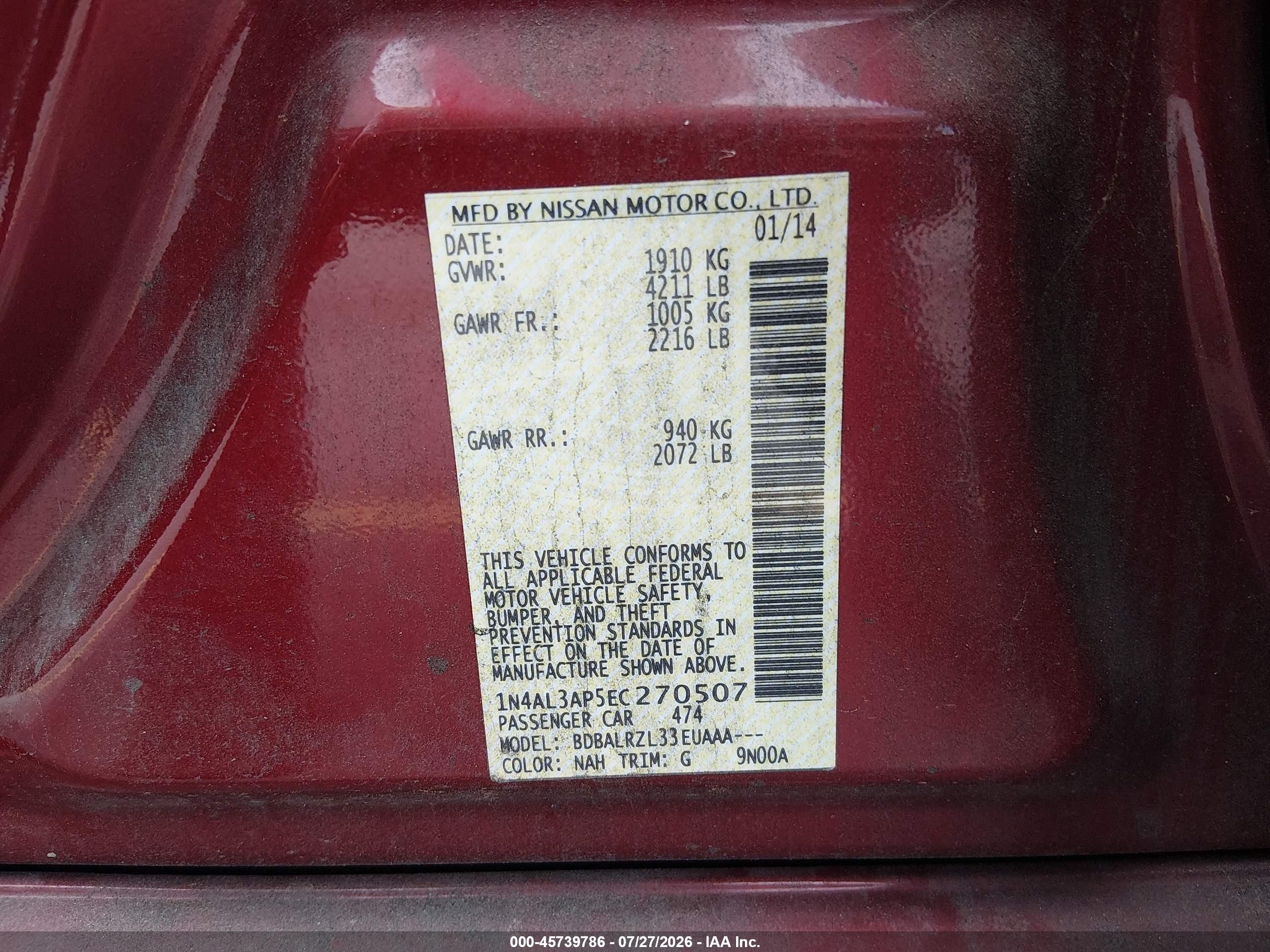 2014 Nissan Altima 2.5/2.5 S/2.5 Sl/2.5 Sv Red vin: 1N4AL3AP5EC270507