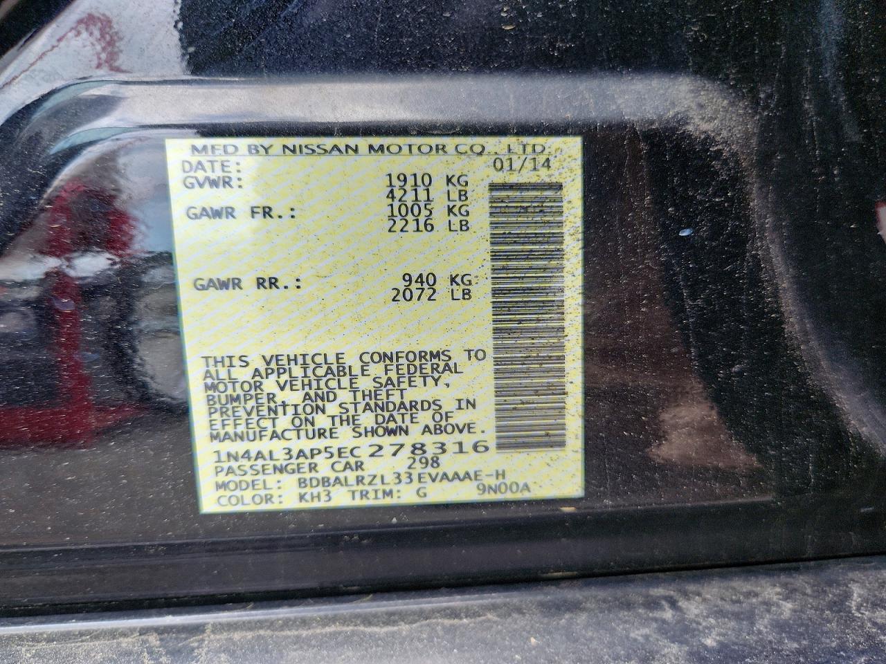 2014 Nissan Altima 2.5 S Black vin: 1N4AL3AP5EC278316