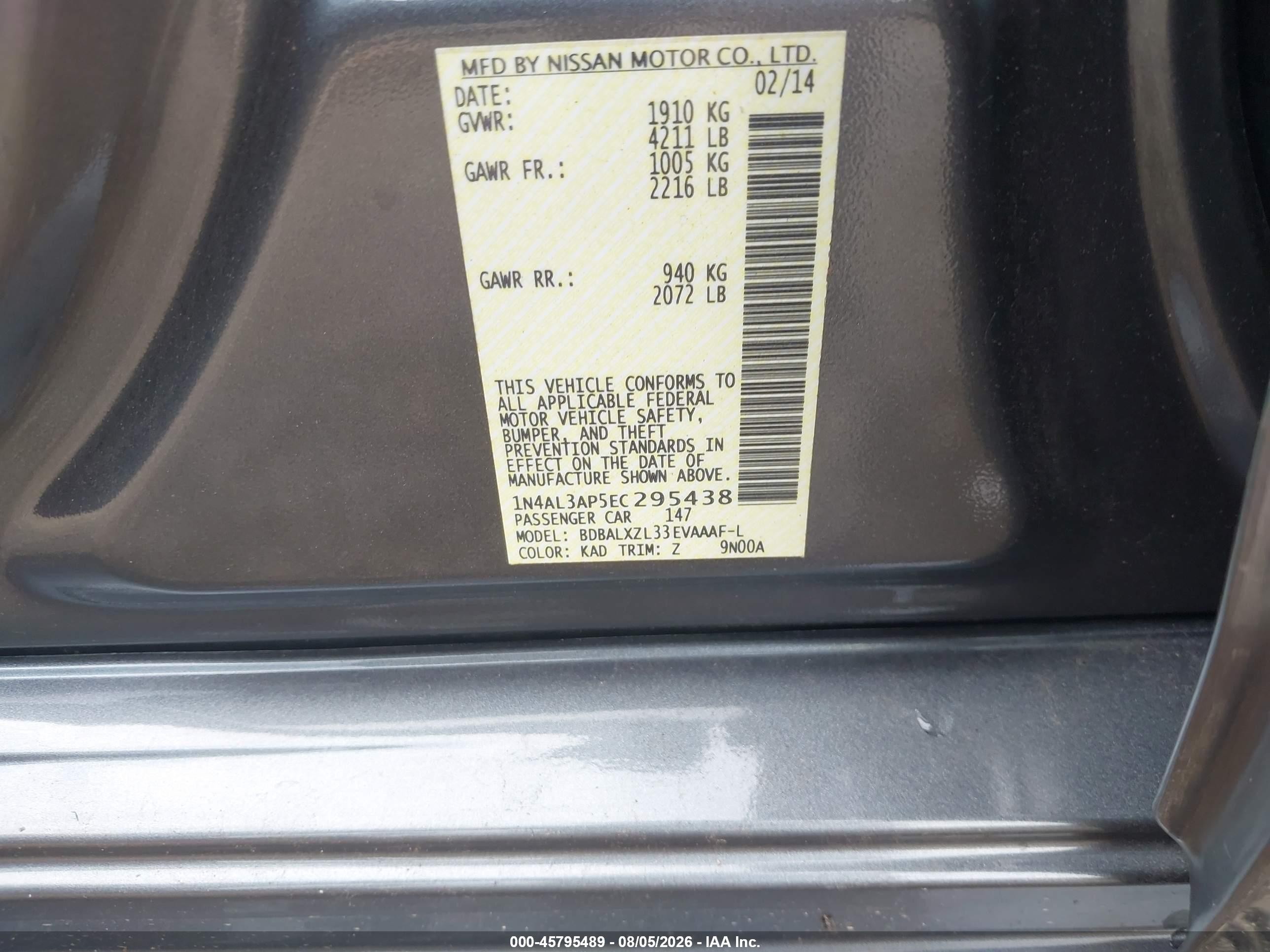 2014 Nissan Altima 2.5 Sl Gray vin: 1N4AL3AP5EC295438