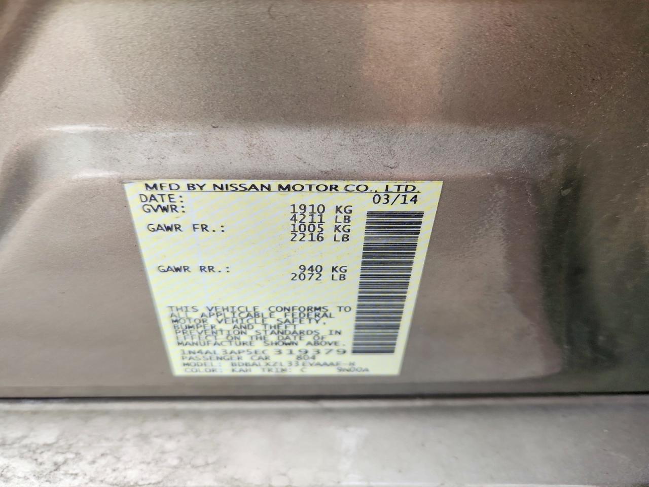 2014 Nissan Altima 2.5 Sl Tan vin: 1N4AL3AP5EC319379