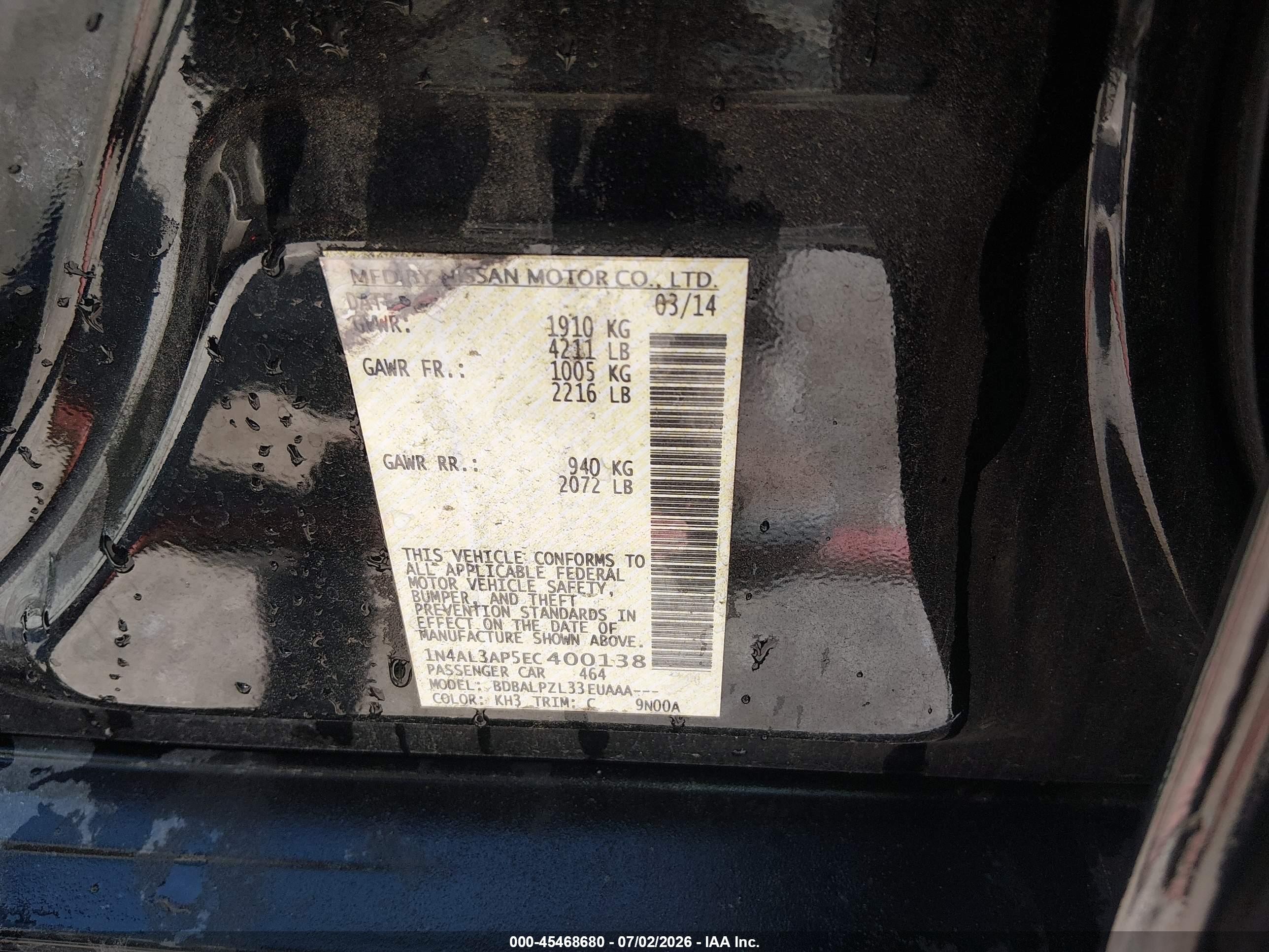 2014 Nissan Altima 2.5 Black vin: 1N4AL3AP5EC400138