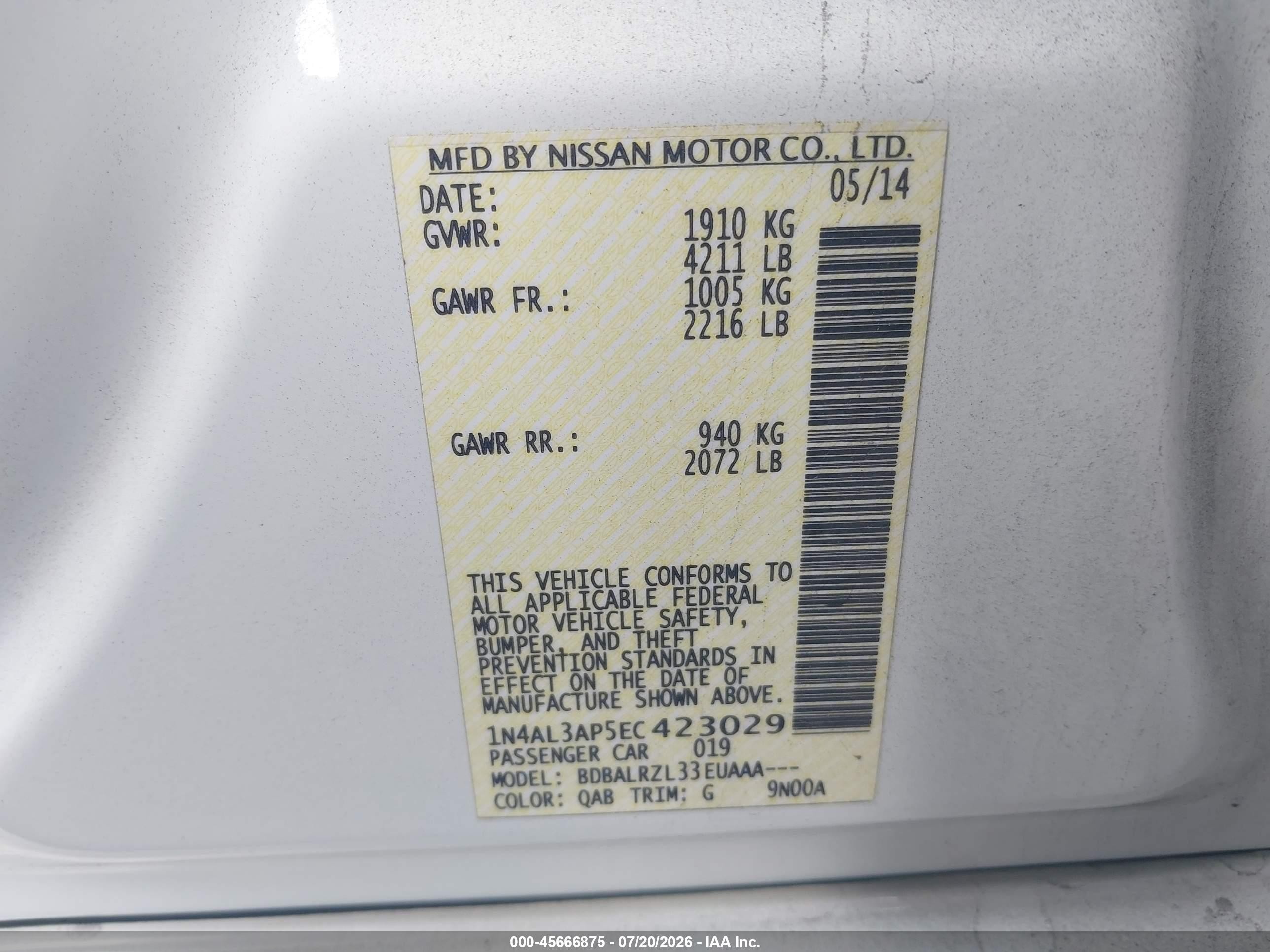 2014 Nissan Altima 2.5/2.5 S/2.5 Sl/2.5 Sv White vin: 1N4AL3AP5EC423029