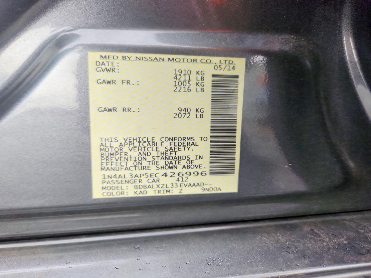 2014 Nissan Altima 2.5 Sl Gray vin: 1N4AL3AP5EC426996