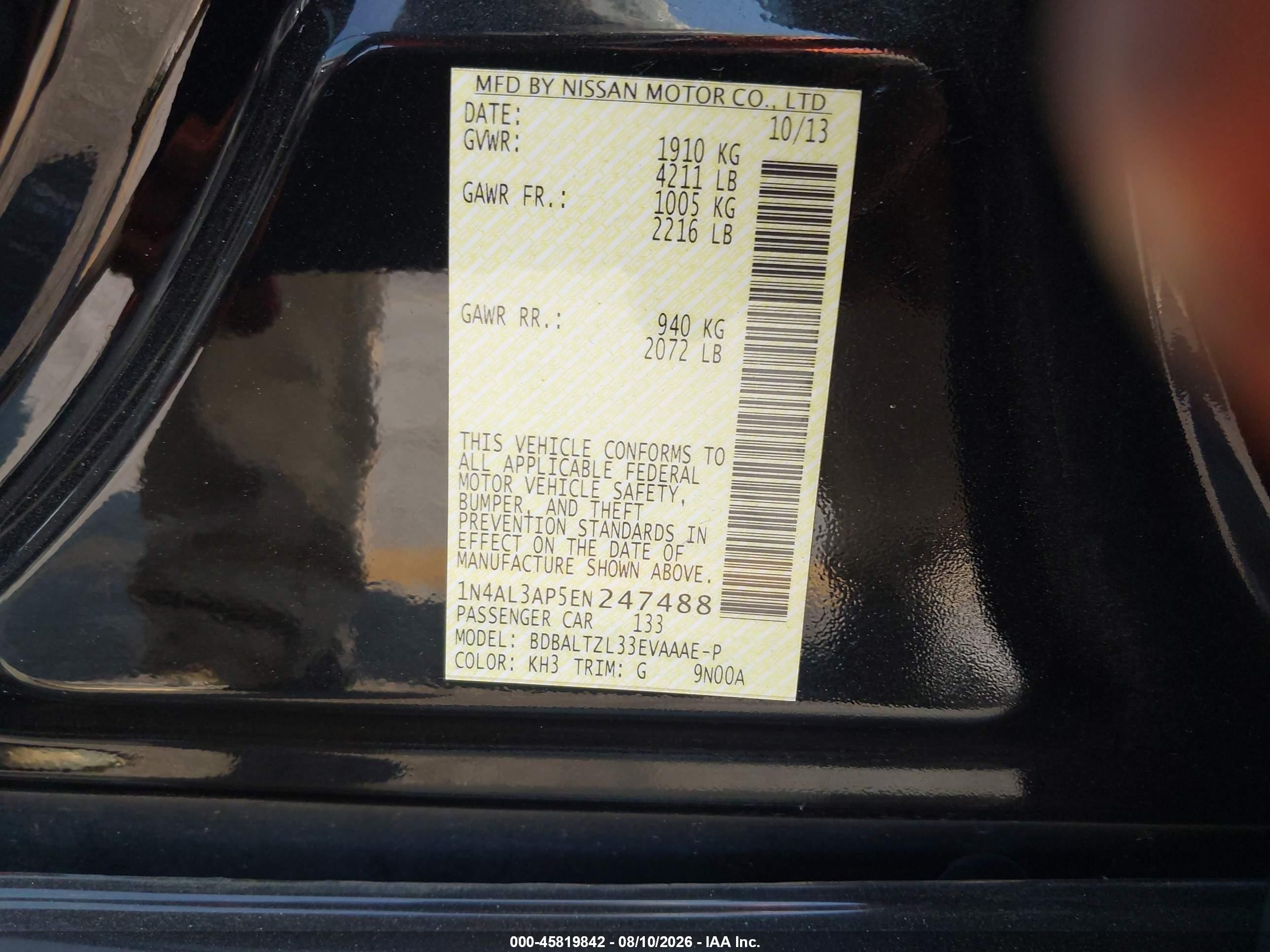 2014 Nissan Altima 2.5 Sv Black vin: 1N4AL3AP5EN247488