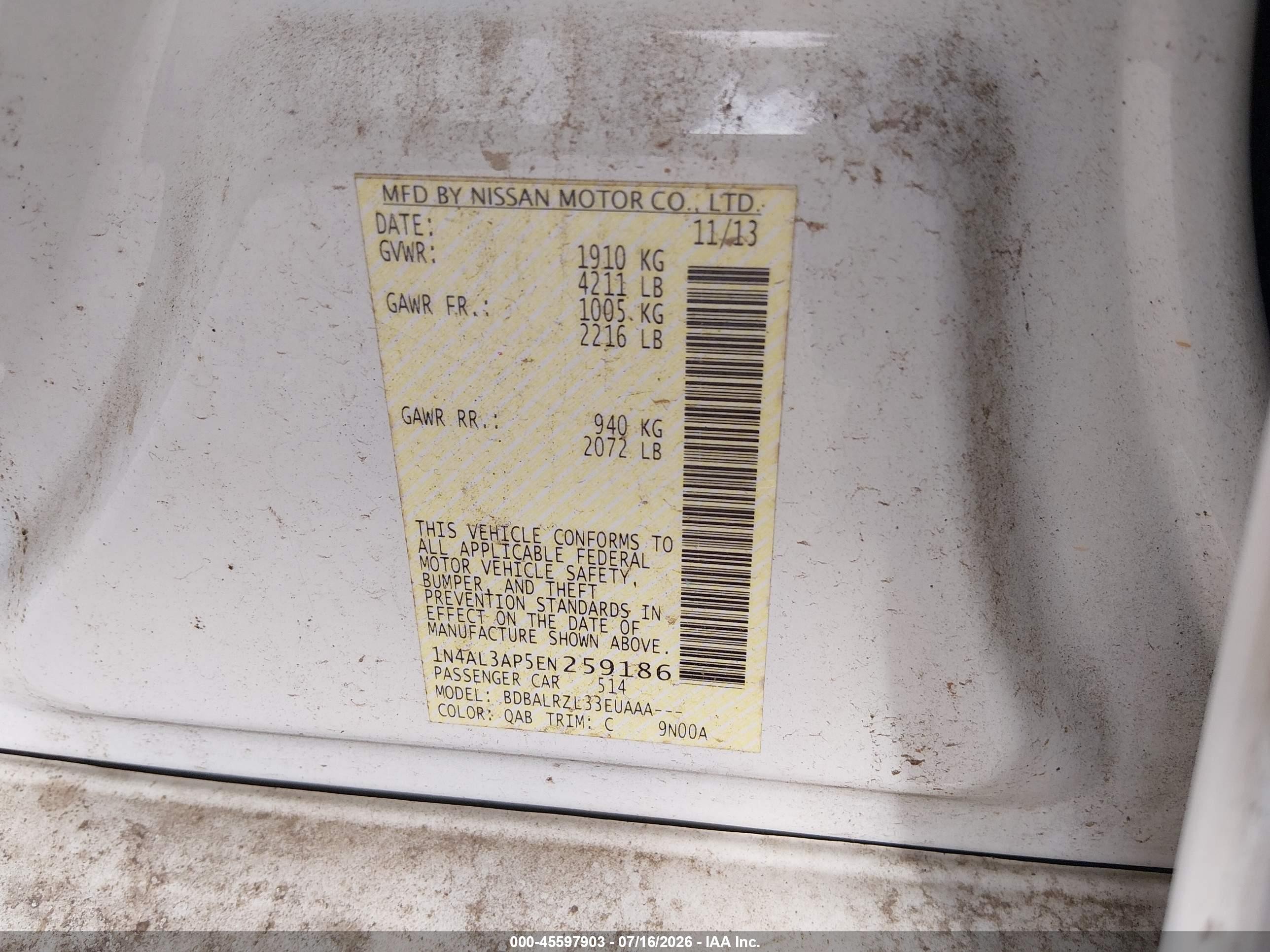 2014 Nissan Altima 2.5 S White vin: 1N4AL3AP5EN259186