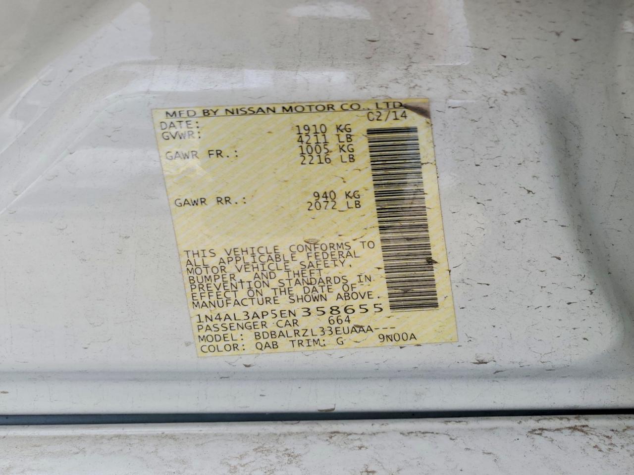 2014 Nissan Altima 2.5 White vin: 1N4AL3AP5EN358655