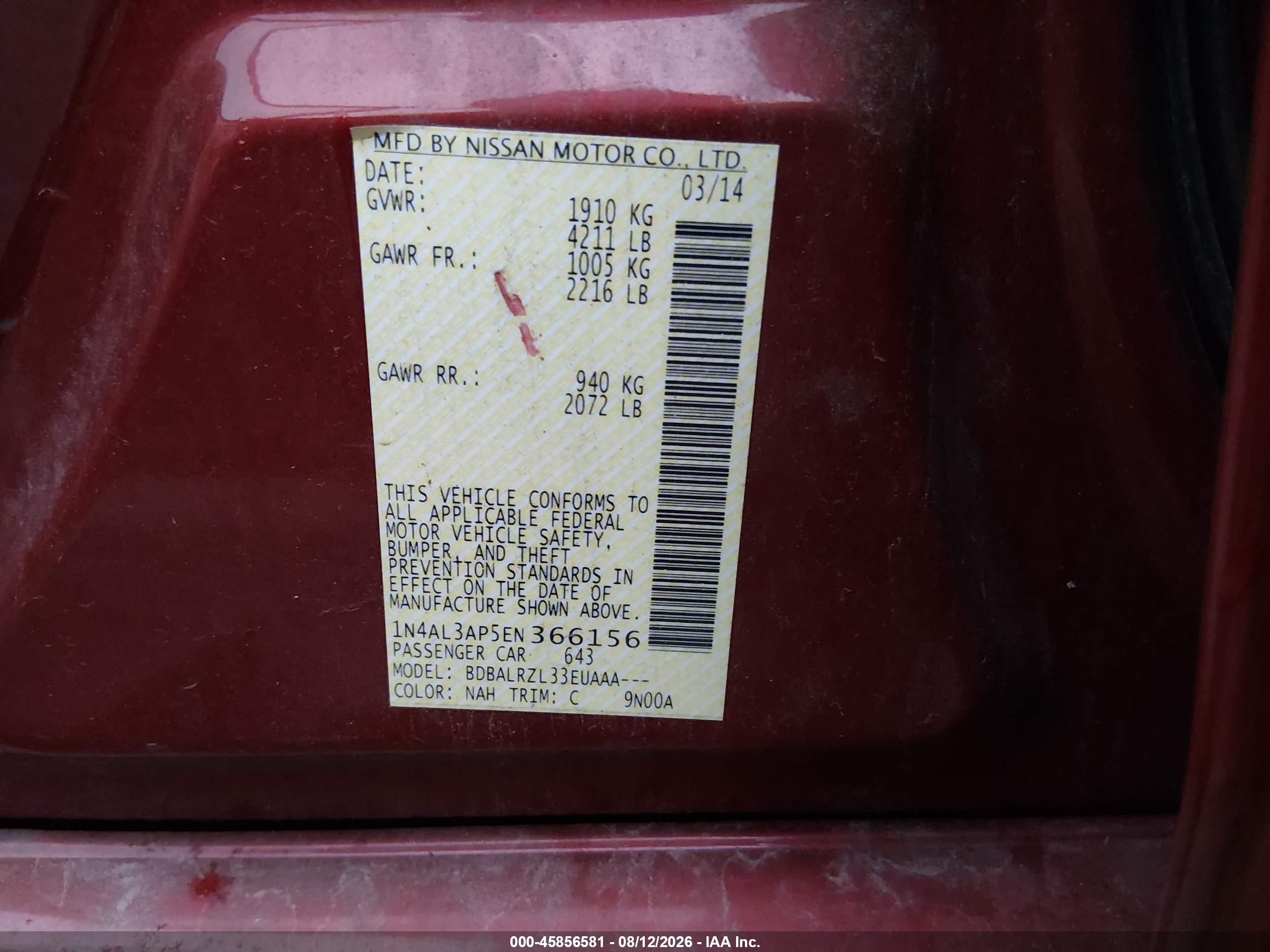 2014 Nissan Altima 2.5/2.5 S/2.5 Sl/2.5 Sv Burgundy vin: 1N4AL3AP5EN366156