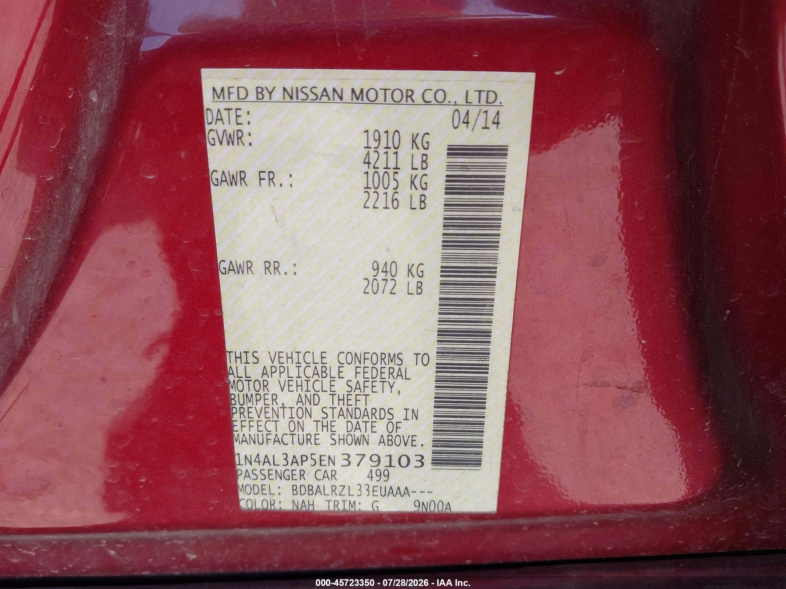 2014 Nissan Altima 2.5/2.5 S/2.5 Sl/2.5 Sv Red vin: 1N4AL3AP5EN379103