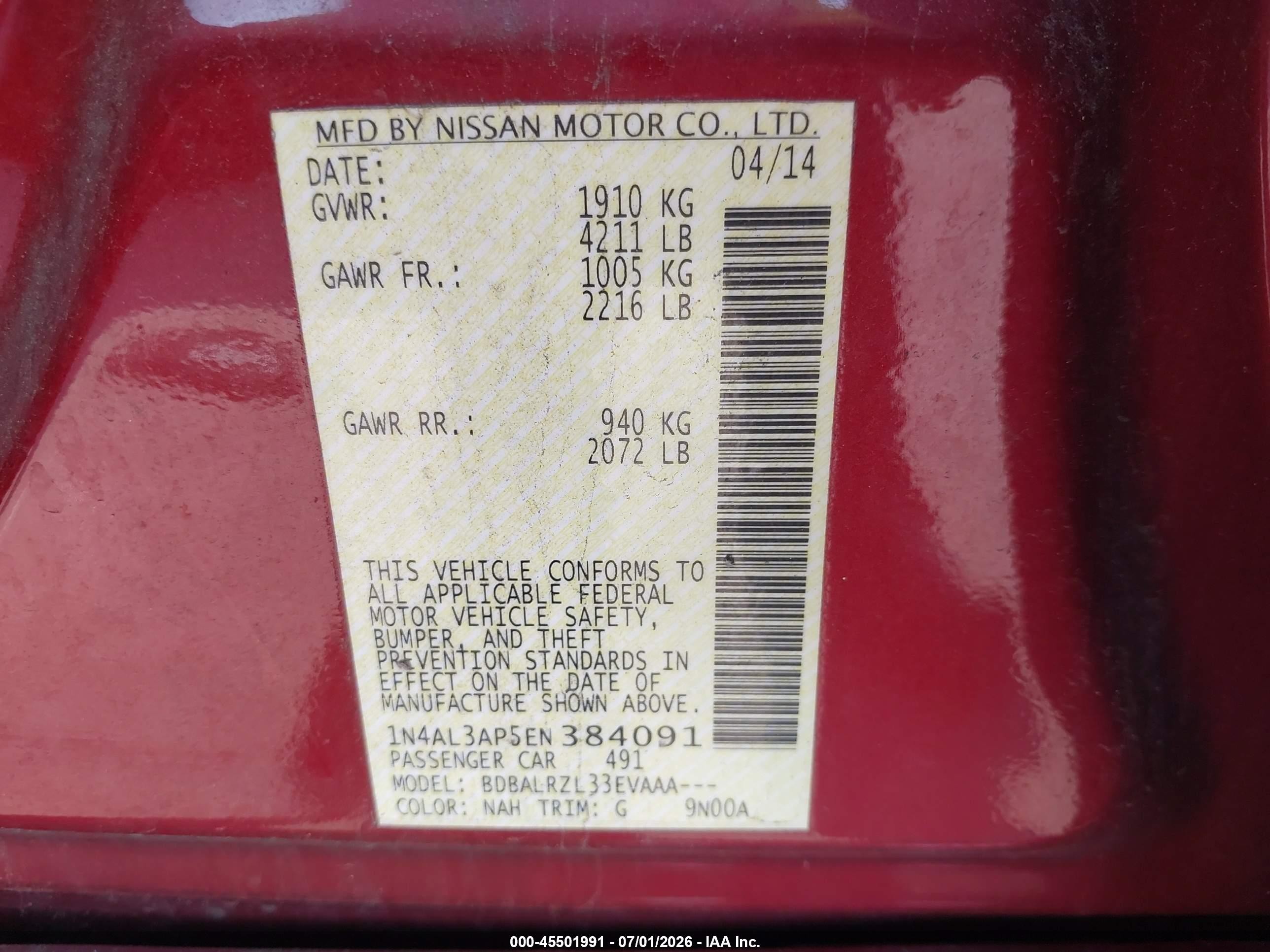 2014 Nissan Altima 2.5/2.5 S/2.5 Sl/2.5 Sv Red vin: 1N4AL3AP5EN384091