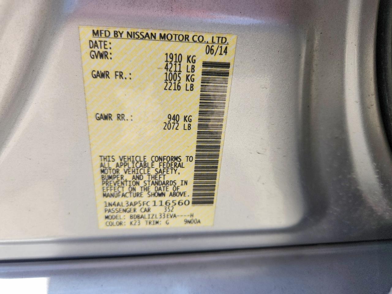 2015 Nissan Altima 2.5 Sv Silver vin: 1N4AL3AP5FC116560