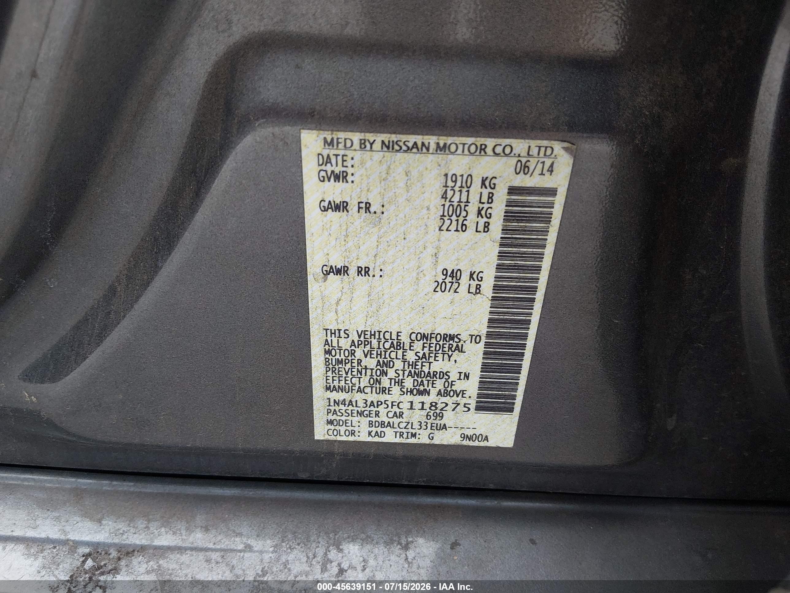 2015 Nissan Altima 2.5/2.5 S/2.5 Sl/2.5 Sv Gray vin: 1N4AL3AP5FC118275
