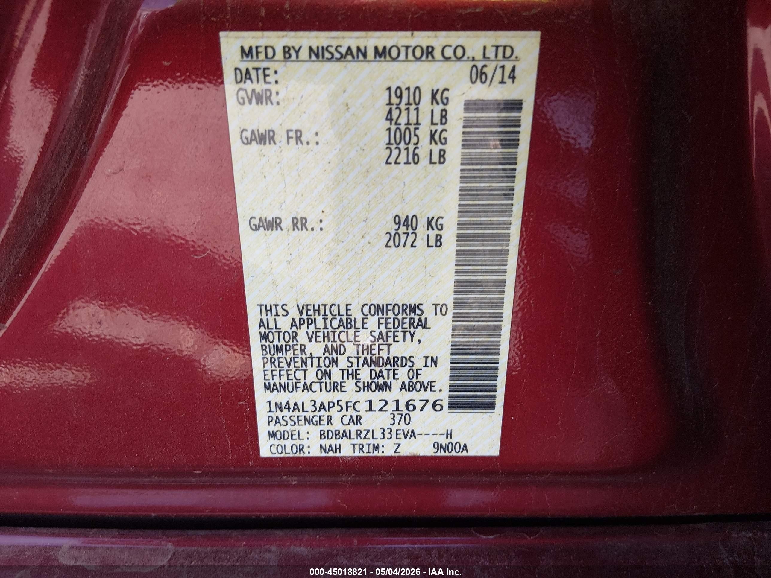 2015 Nissan Altima 2.5 Sl Red vin: 1N4AL3AP5FC121676