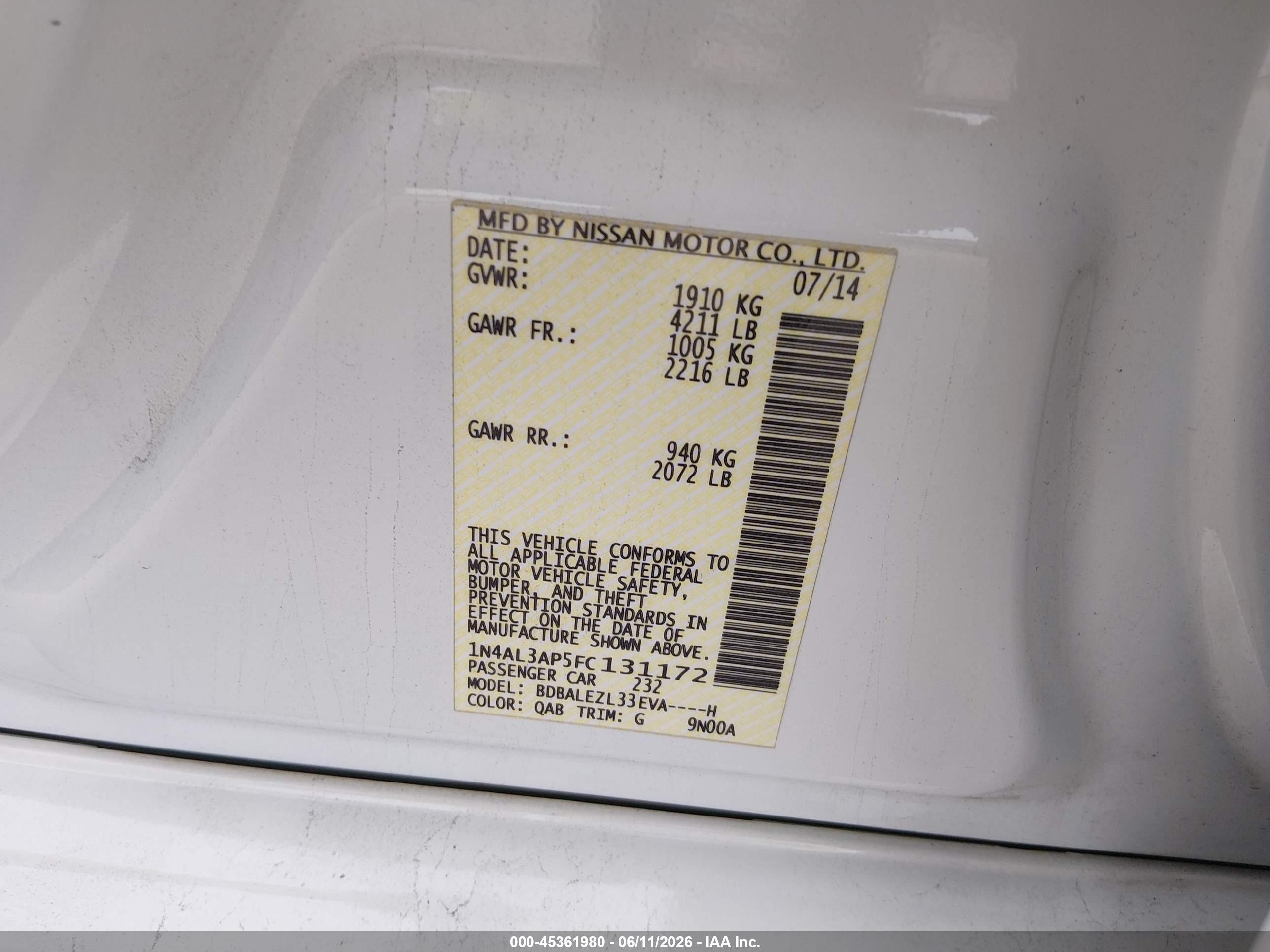 2015 Nissan Altima 2.5 S White vin: 1N4AL3AP5FC131172