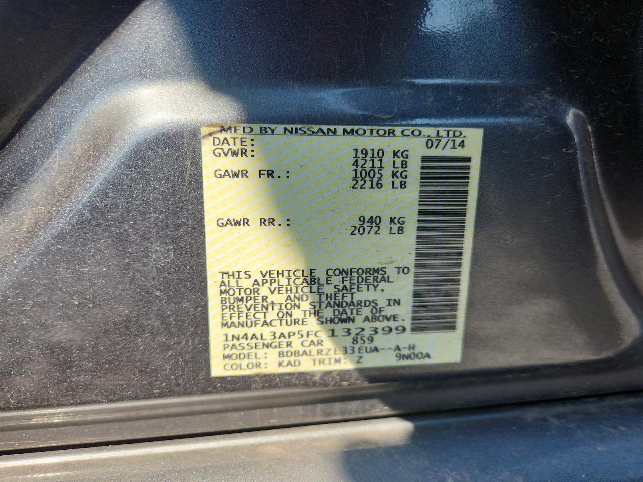 2015 Nissan Altima 2.5 Sl Серебряный vin: 1N4AL3AP5FC132399