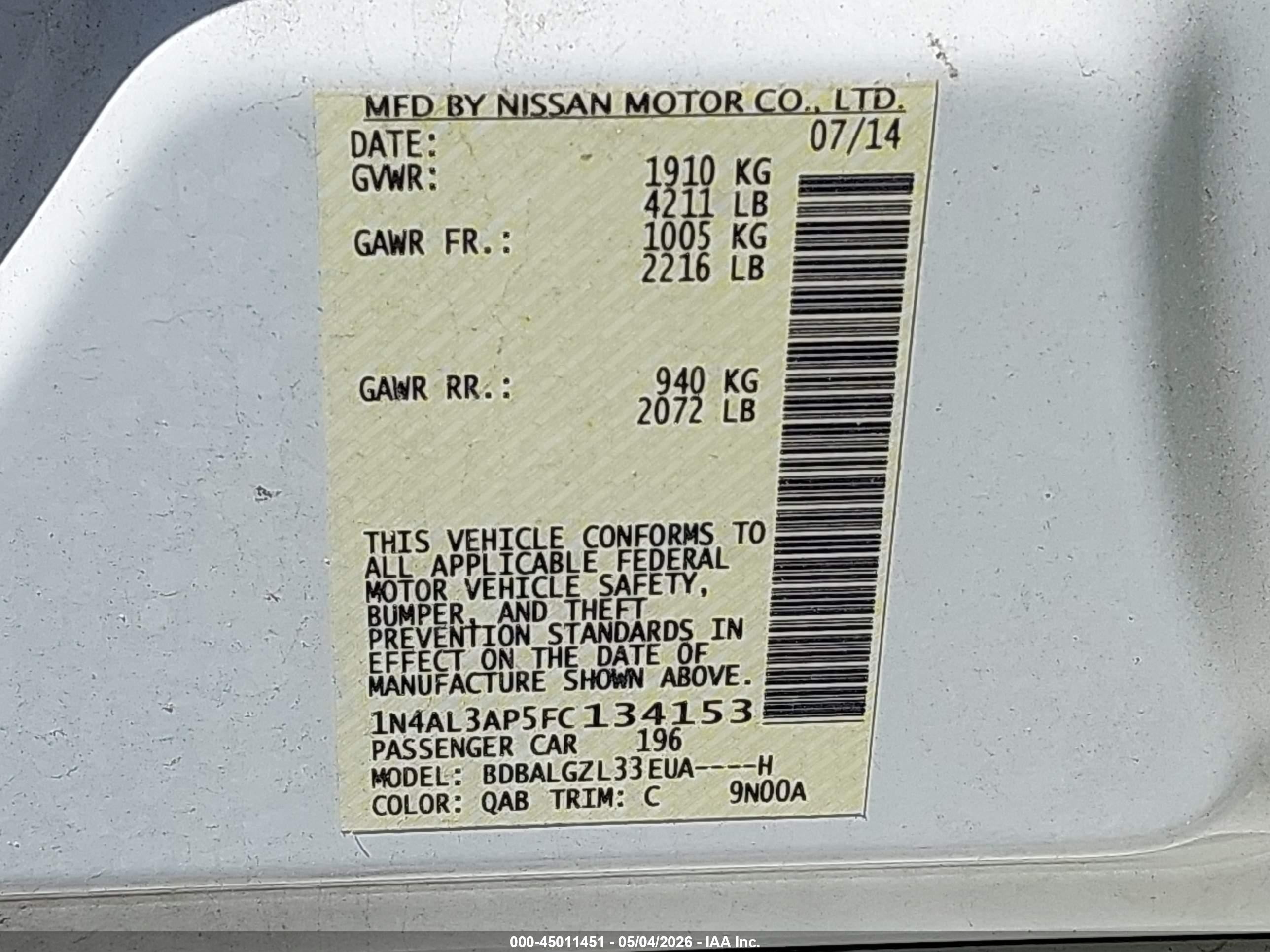 2015 Nissan Altima 2.5 S White vin: 1N4AL3AP5FC134153
