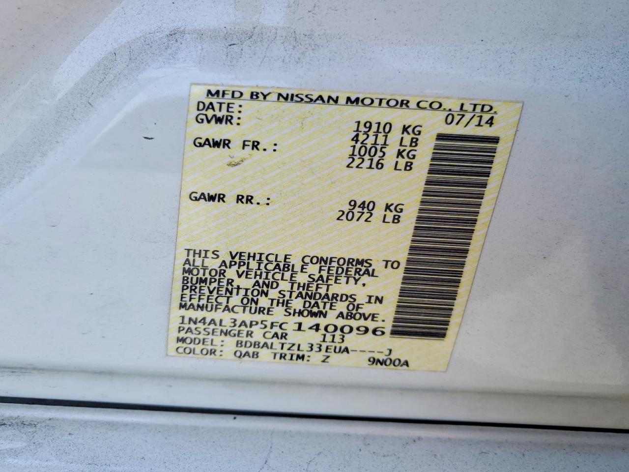 2015 Nissan Altima 2.5 Sl White vin: 1N4AL3AP5FC140096