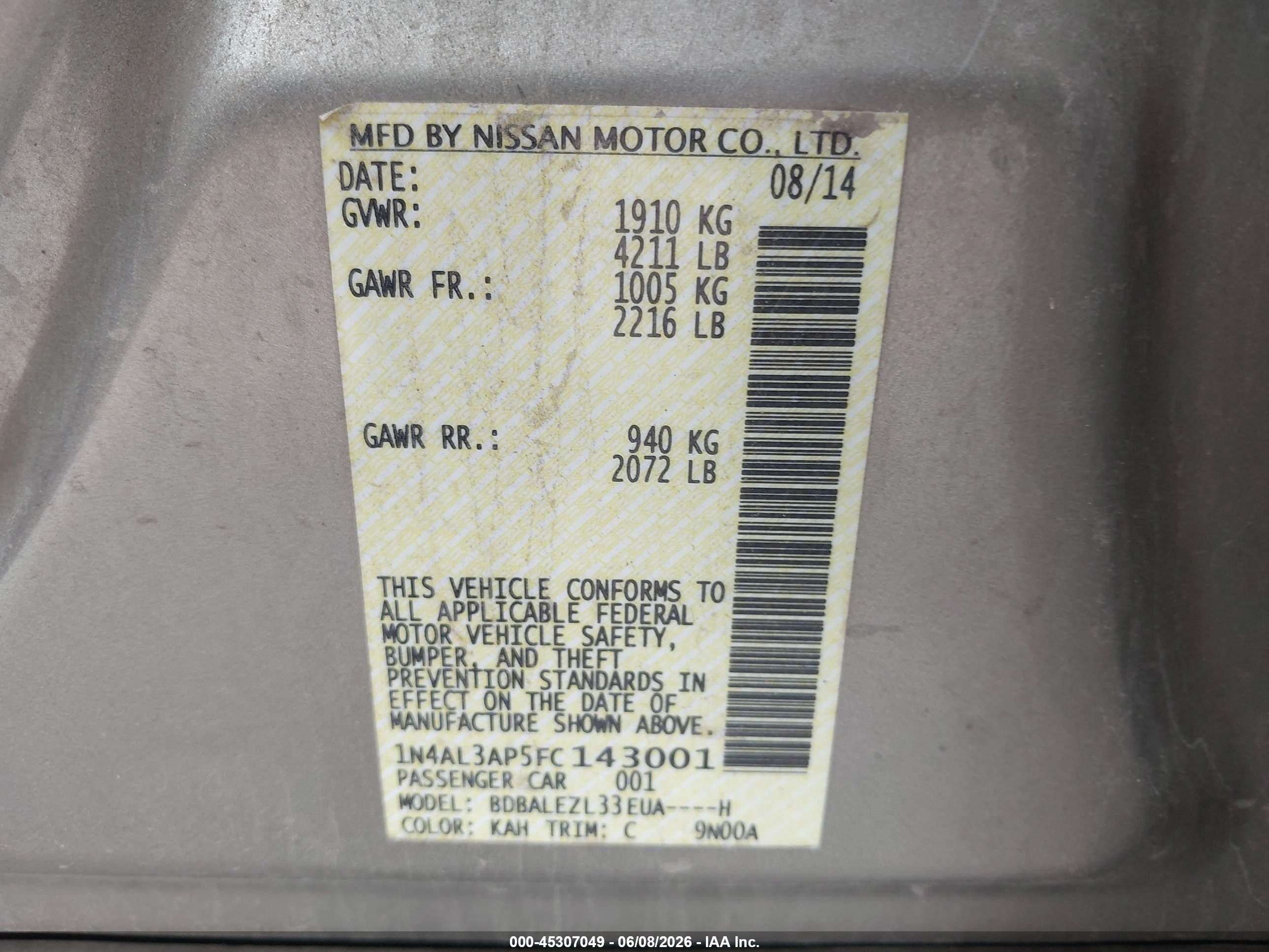 2015 Nissan Altima 2.5 S Tan vin: 1N4AL3AP5FC143001
