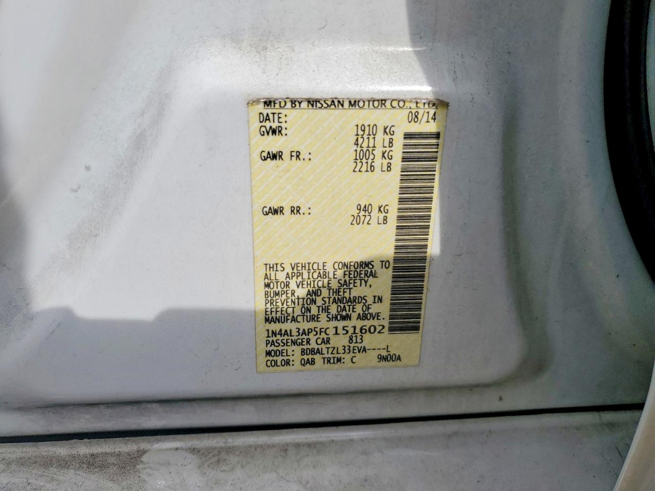 2015 Nissan Altima 2.5 Sl White vin: 1N4AL3AP5FC151602