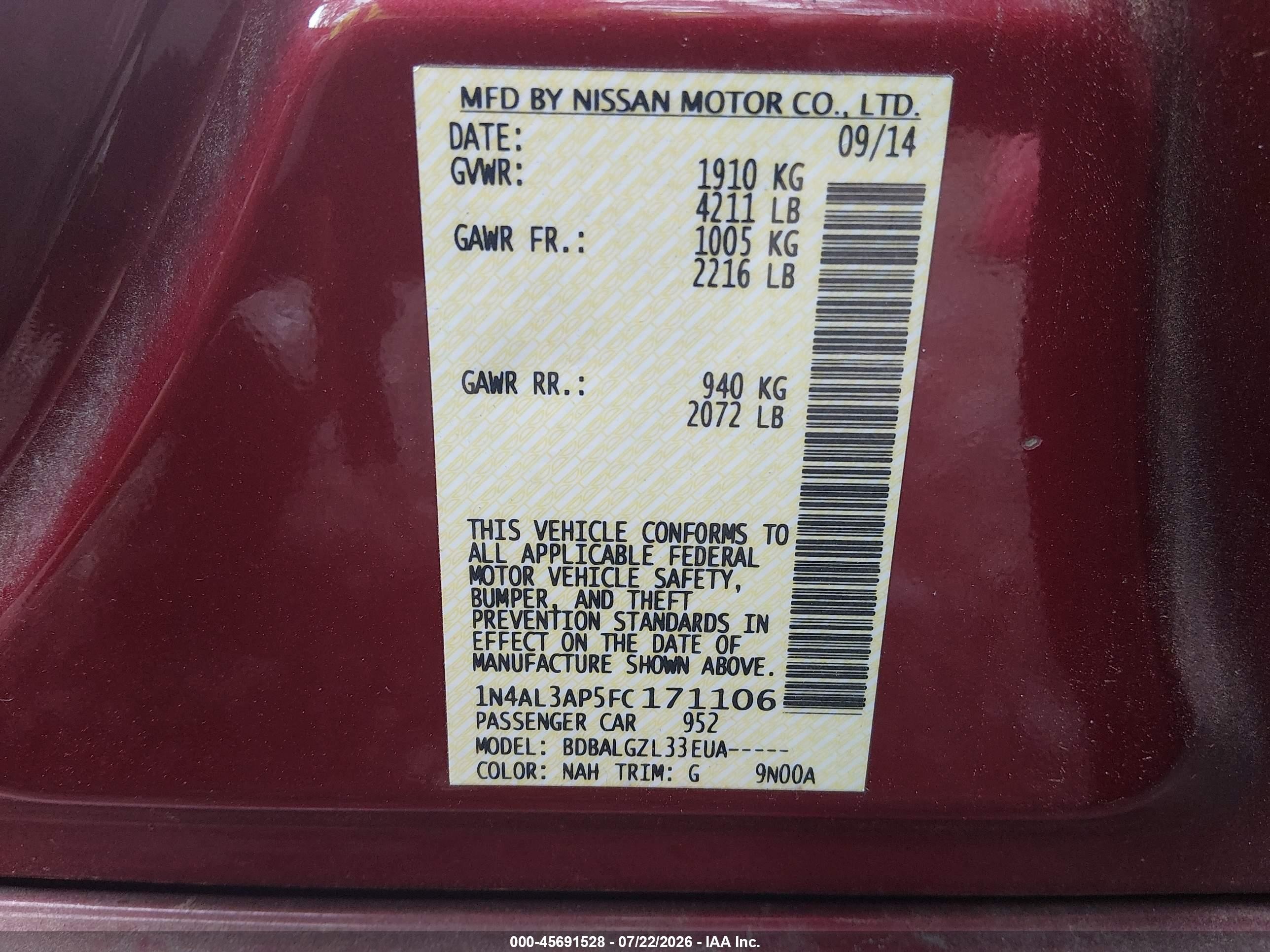 2015 Nissan Altima 2.5/2.5 S/2.5 Sl/2.5 Sv Red vin: 1N4AL3AP5FC171106