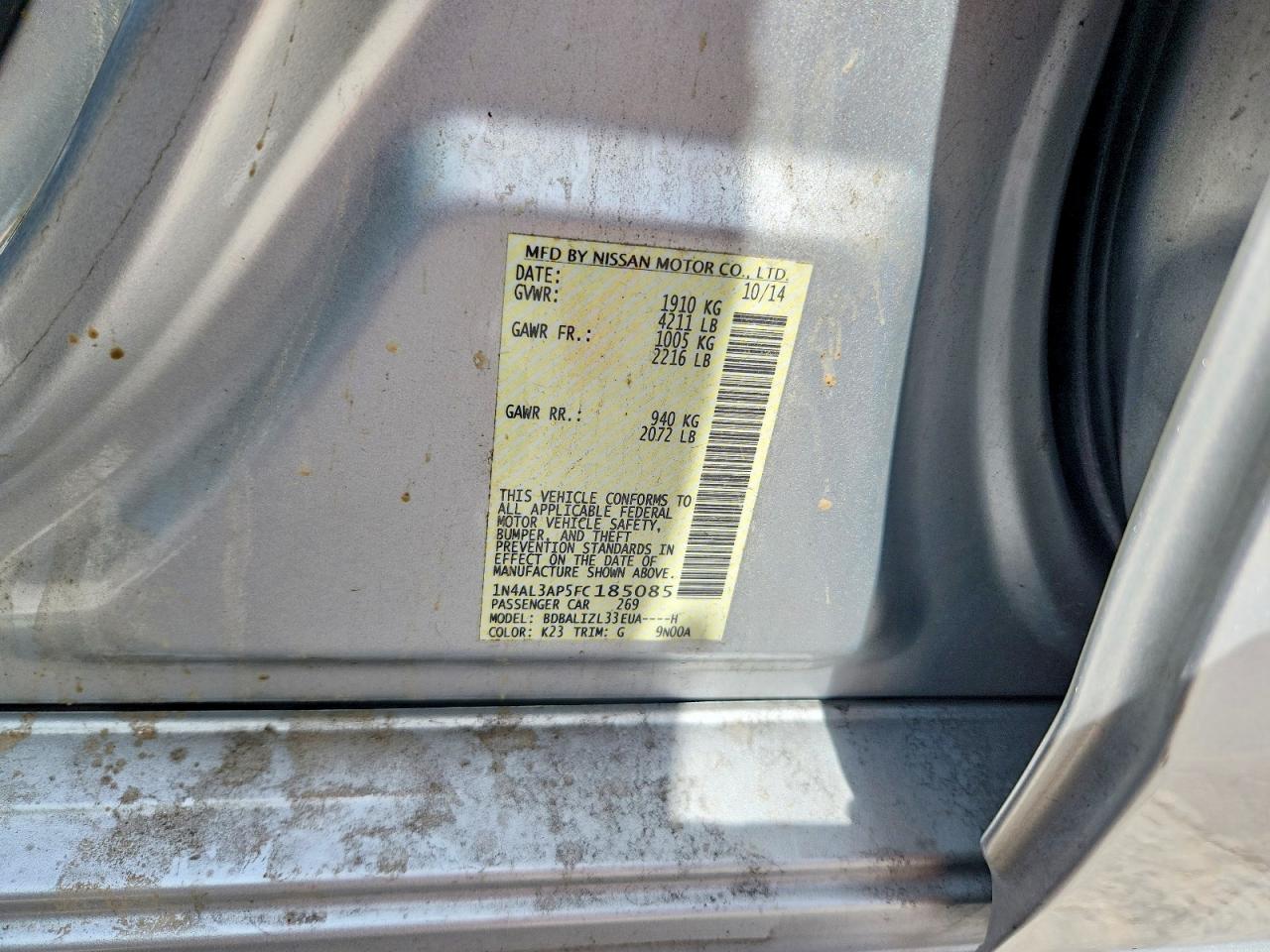 2015 Nissan Altima 2.5 Sv Silver vin: 1N4AL3AP5FC185085