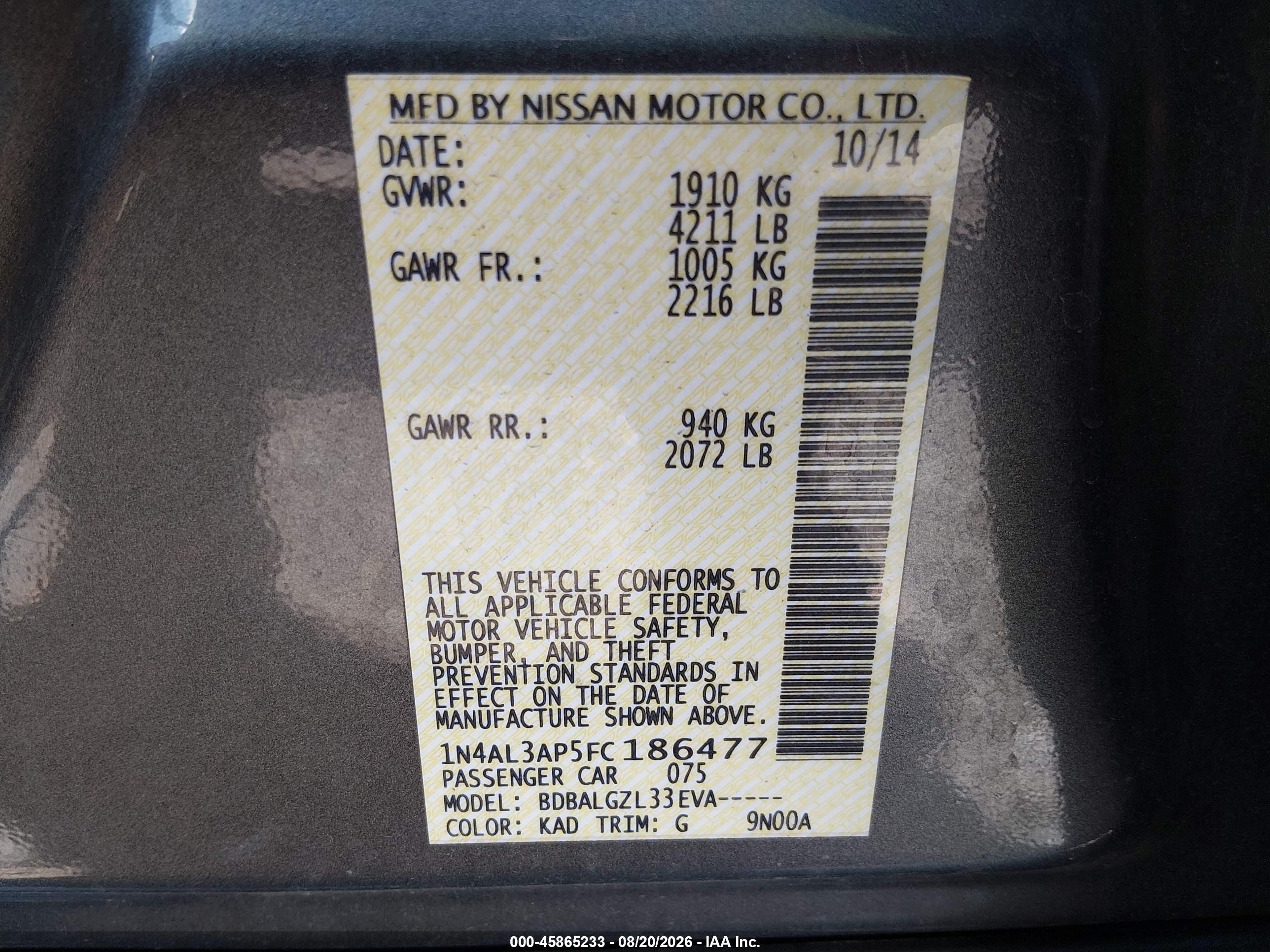 2015 Nissan Altima 2.5/2.5 S/2.5 Sl/2.5 Sv Gray vin: 1N4AL3AP5FC186477