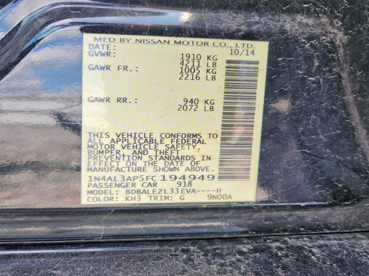 2015 Nissan Altima 2.5 S Black vin: 1N4AL3AP5FC194949