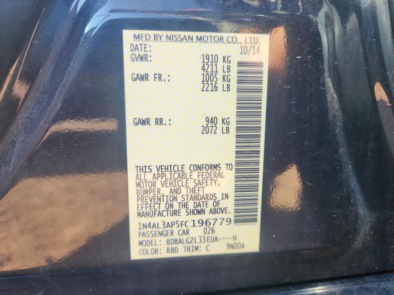 2015 Nissan Altima 2.5 S Black vin: 1N4AL3AP5FC196779