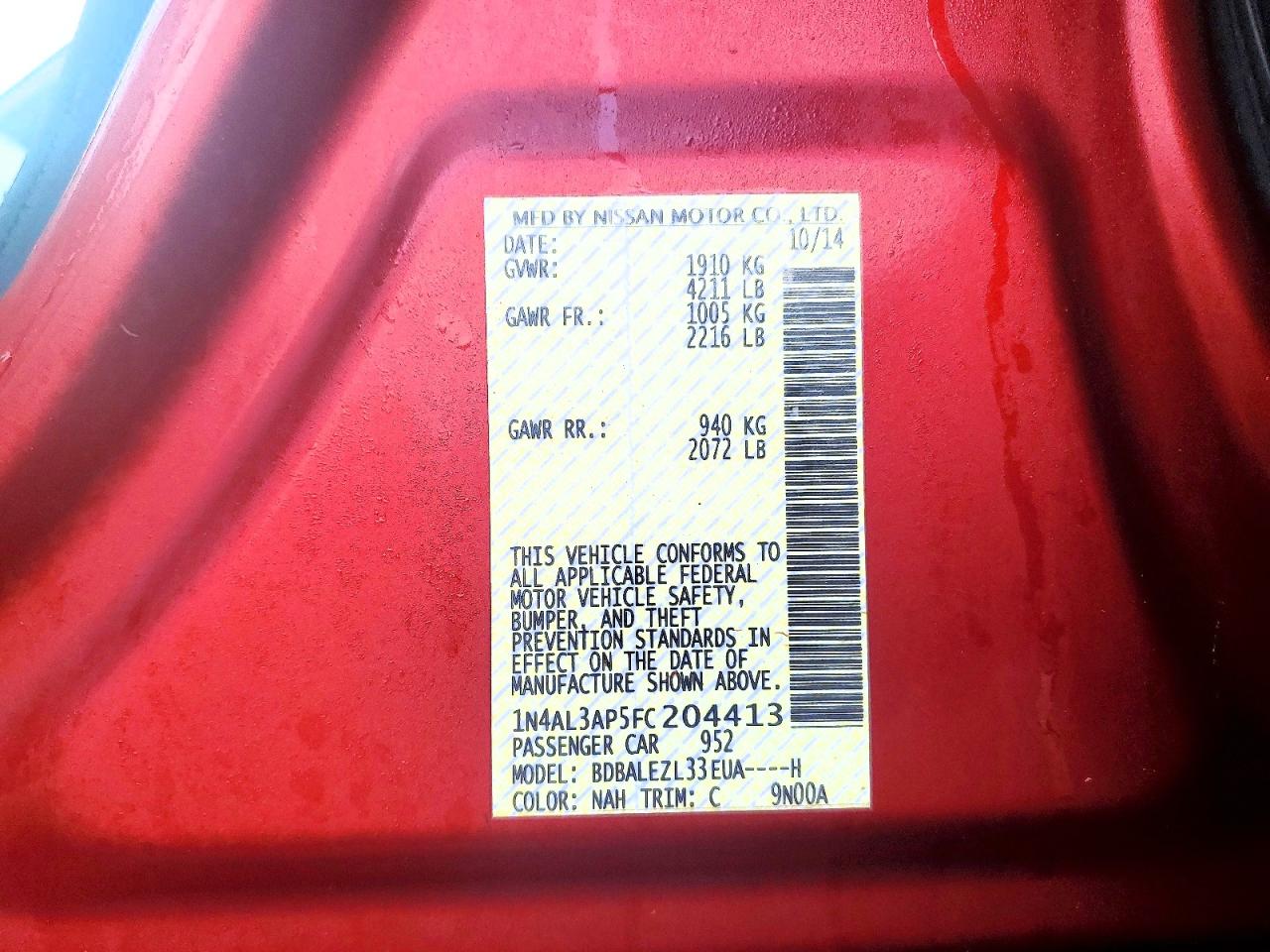 2015 Nissan Altima 2.5 S Red vin: 1N4AL3AP5FC204413