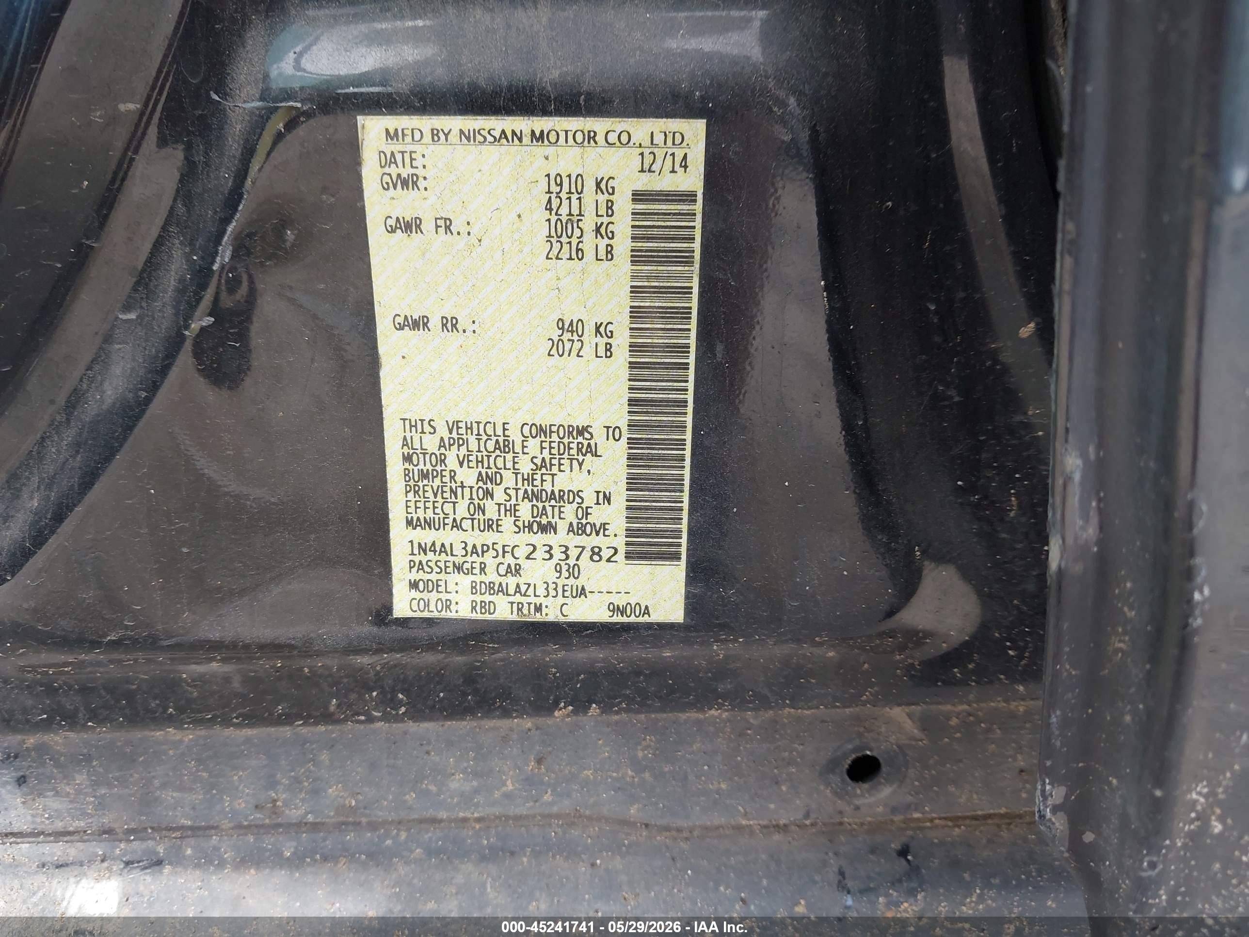 2015 Nissan Altima 2.5 Black vin: 1N4AL3AP5FC233782