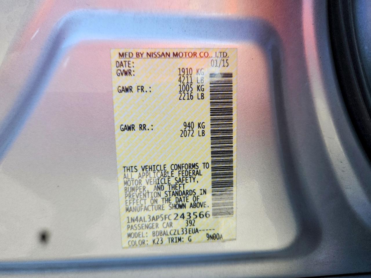 2015 Nissan Altima 2.5 S Silver vin: 1N4AL3AP5FC243566