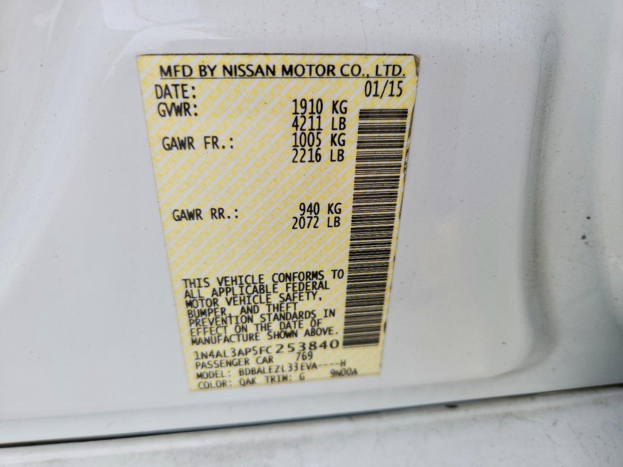 2015 Nissan Altima 2.5 S White vin: 1N4AL3AP5FC253840
